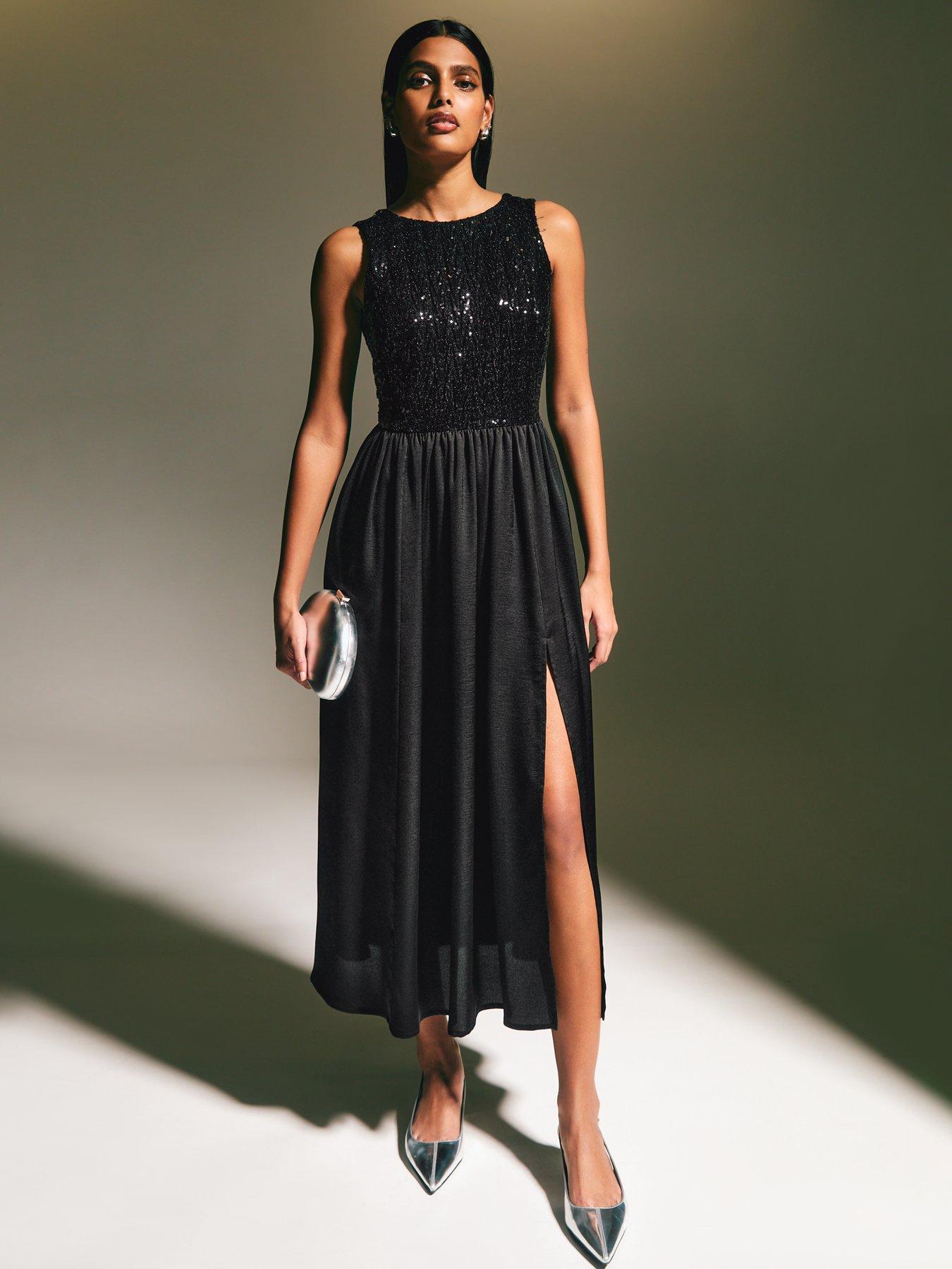 Sequinned Satin Side Slit Midi Dress Black