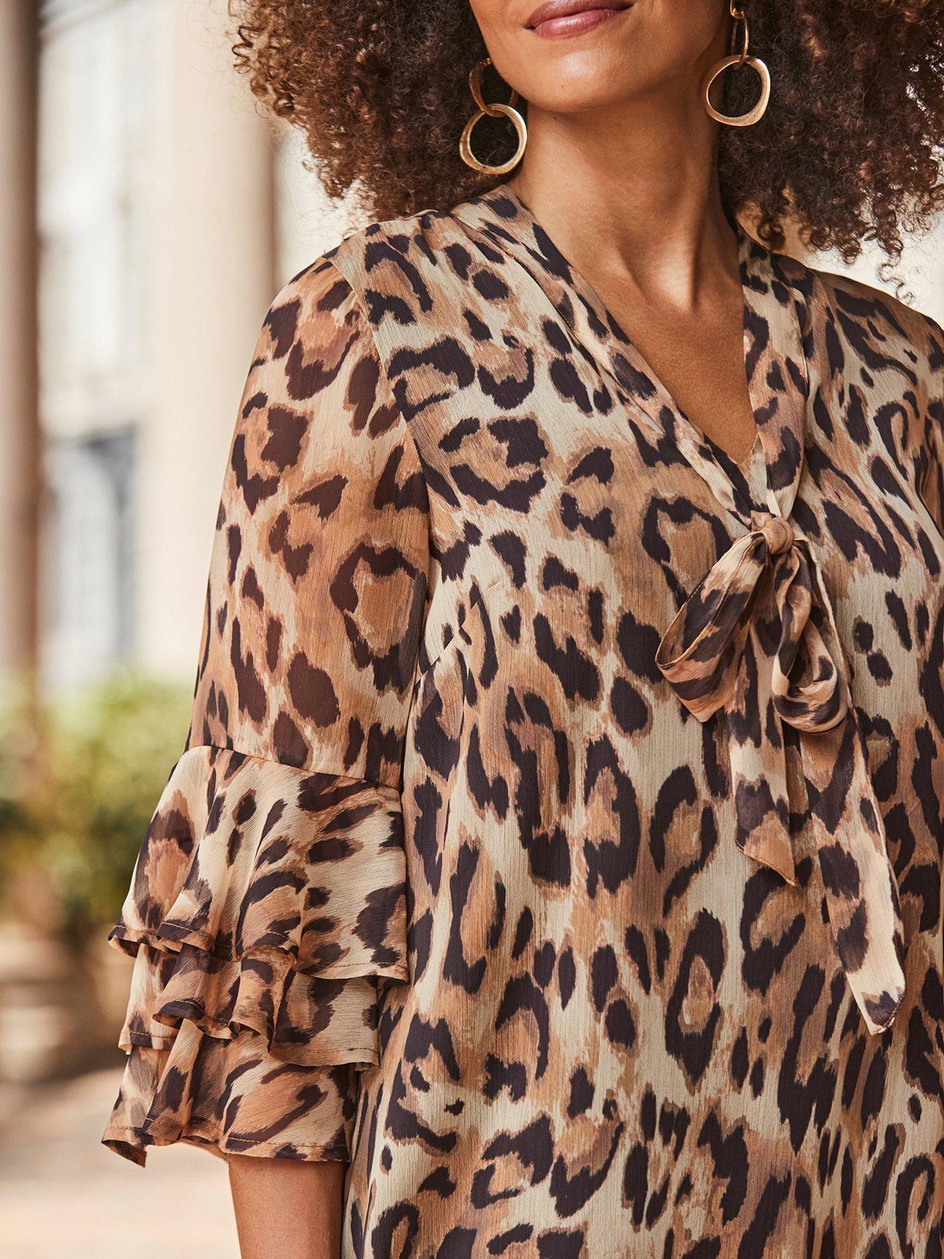 Sosandar Leopard Print Frill Sleeve Tie Neck Shift Dress Multi