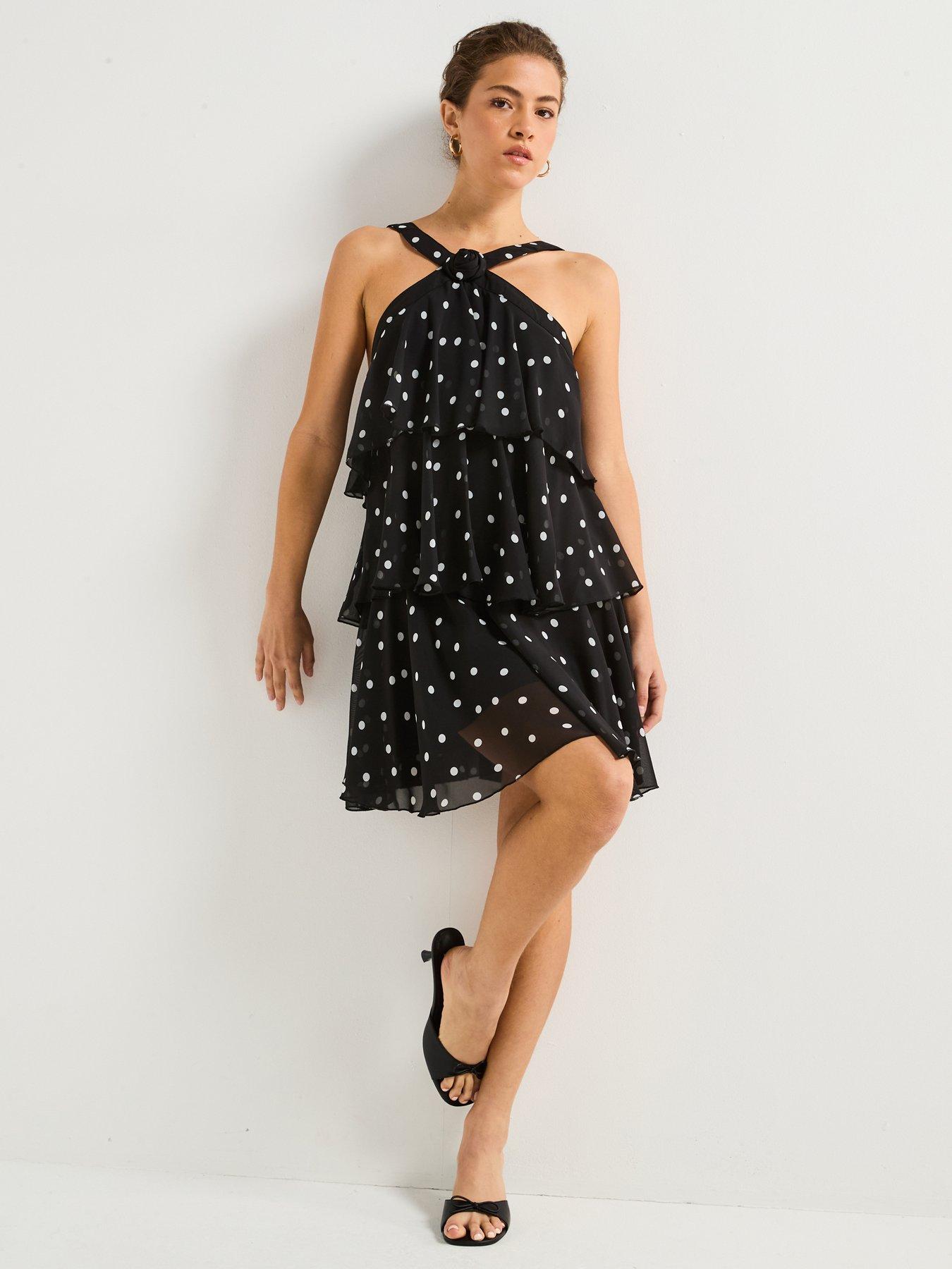 Vero Moda Polka Dot Ruffle Halter Neck Mini Dress - Black | Very