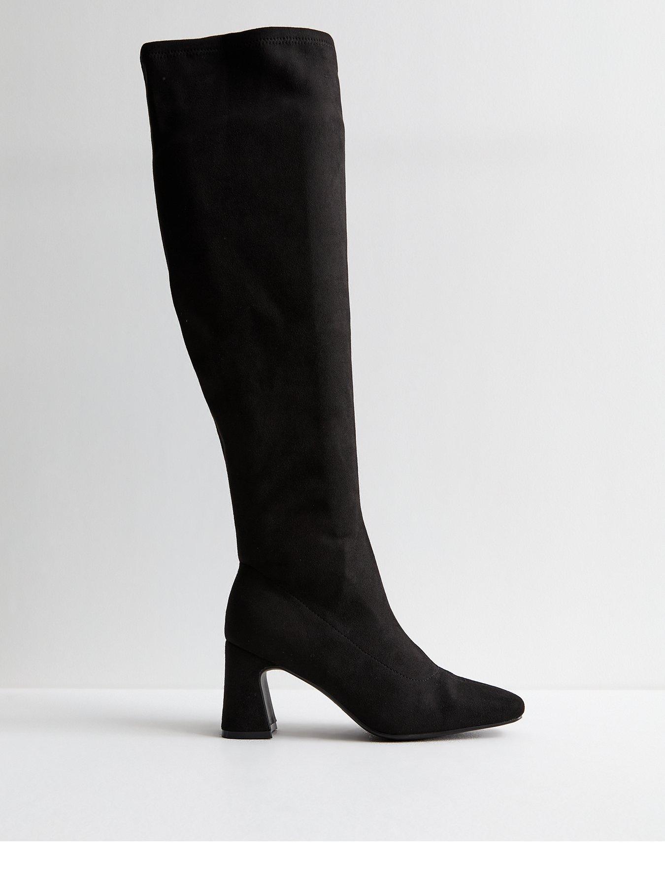 undefined Wide Fit Suedette Block Heel Knee High Boots - Black