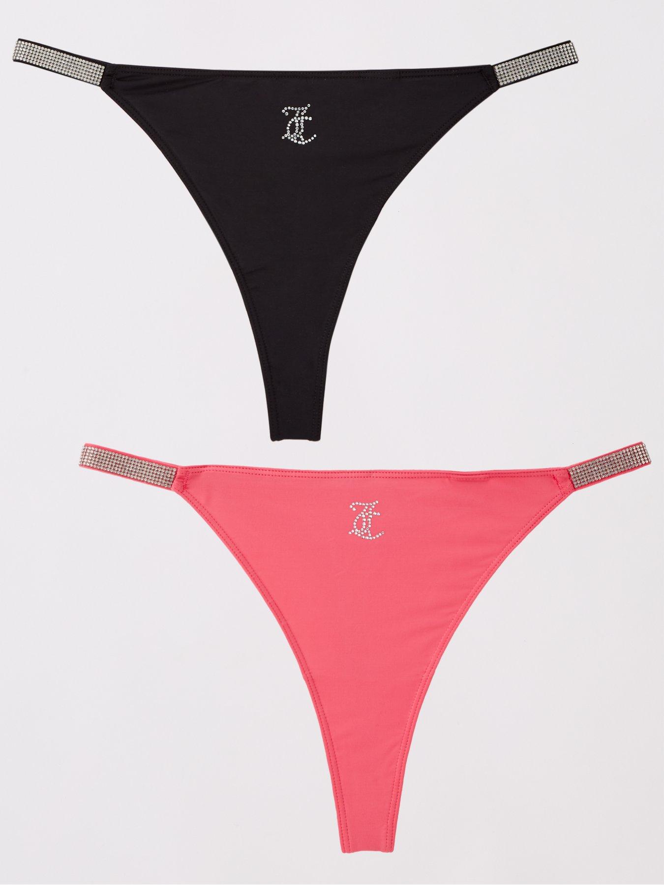 Image 1 of 2 of Juicy Couture 2 Pack Diamante Tape Logo Thong - Hot Pink &amp; Black