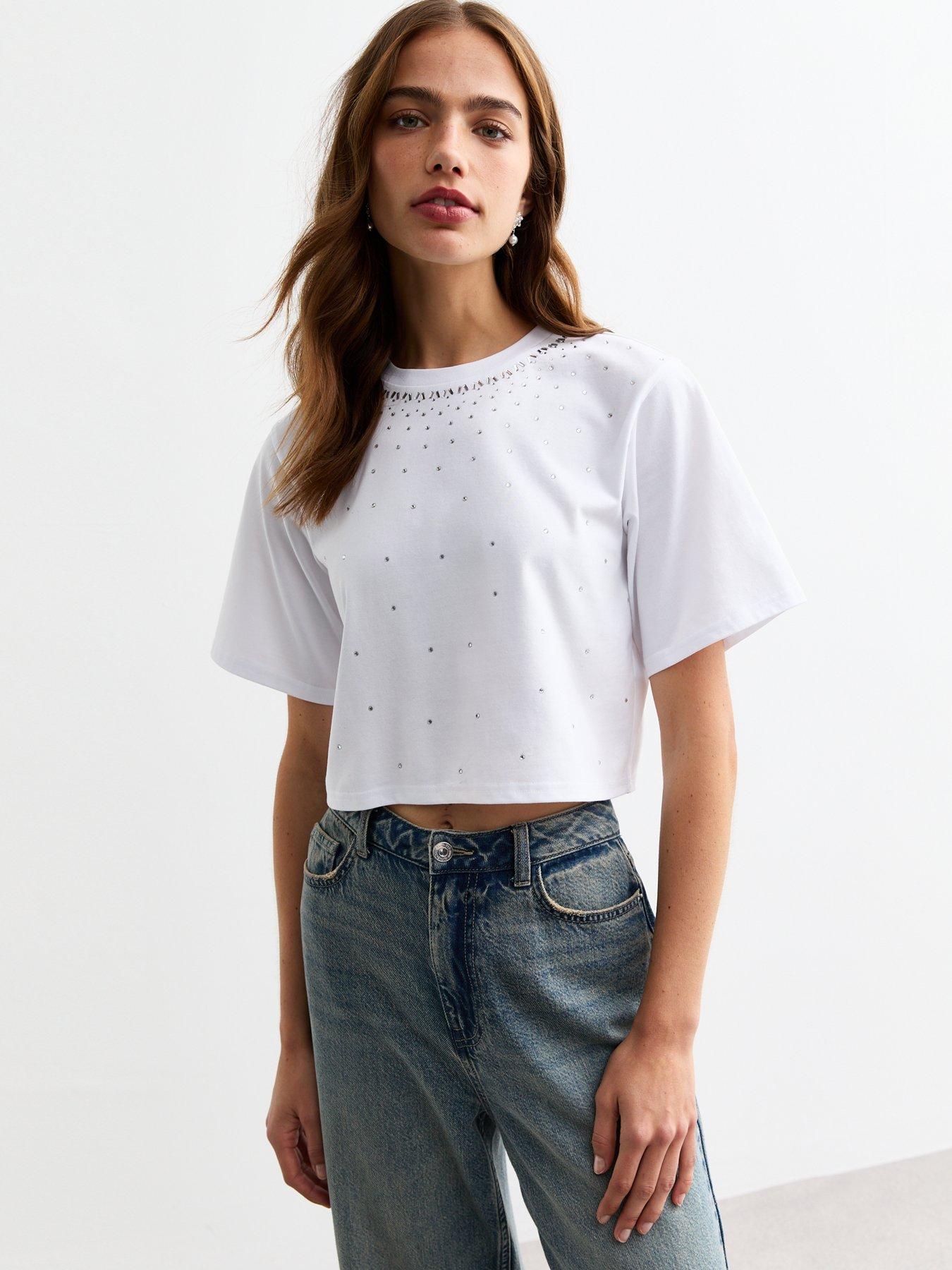 undefined Diamanté Cotton Blend Boxy T-Shirt - White