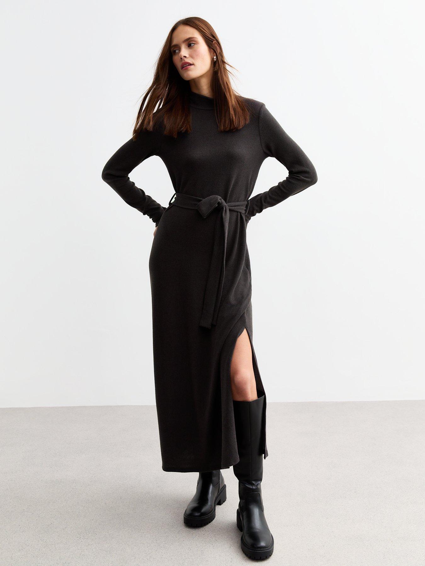 undefined Soft Touch Slit Hem Roll Neck Midi Dress - Grey/Black