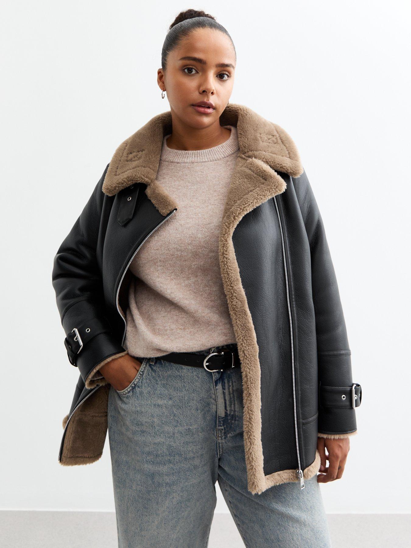 undefined Curves Faux Shearling Aviator Jacket - Black