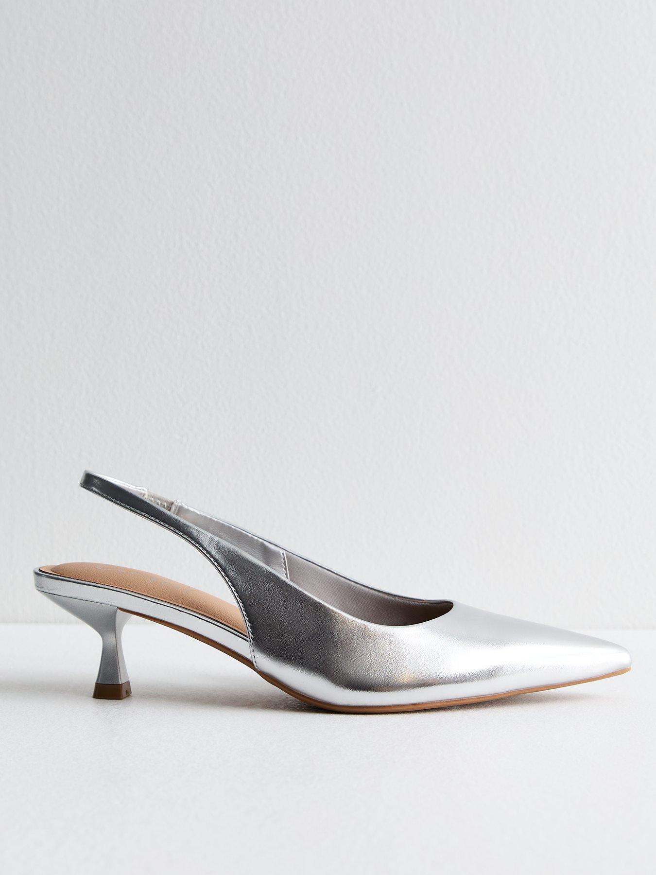 Slingback Kitten Heel Court Shoes Silver