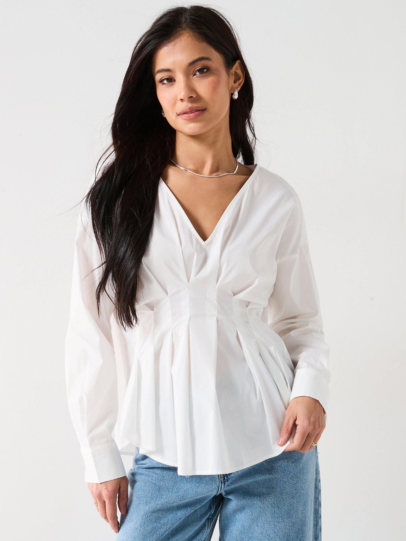 undefined V Neck Long Sleeve Shirt - White
