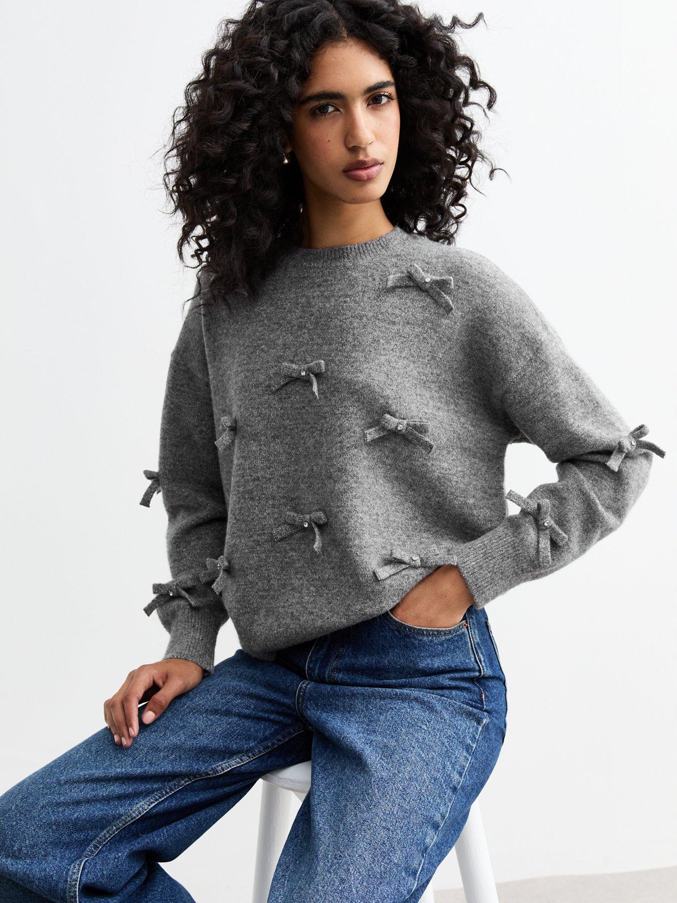 undefined Gem Embellished Bow Sparkle Jumper - Grey