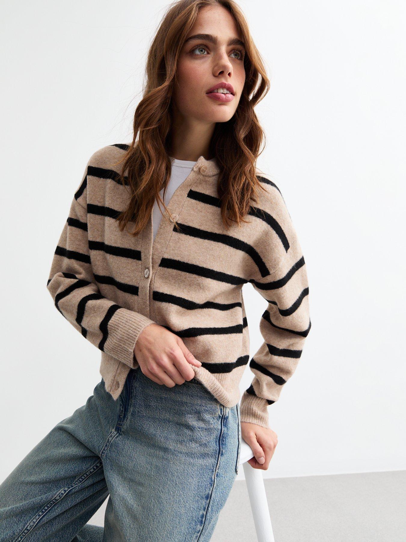 undefined Beige Fine Knit Striped Cardigan - Print