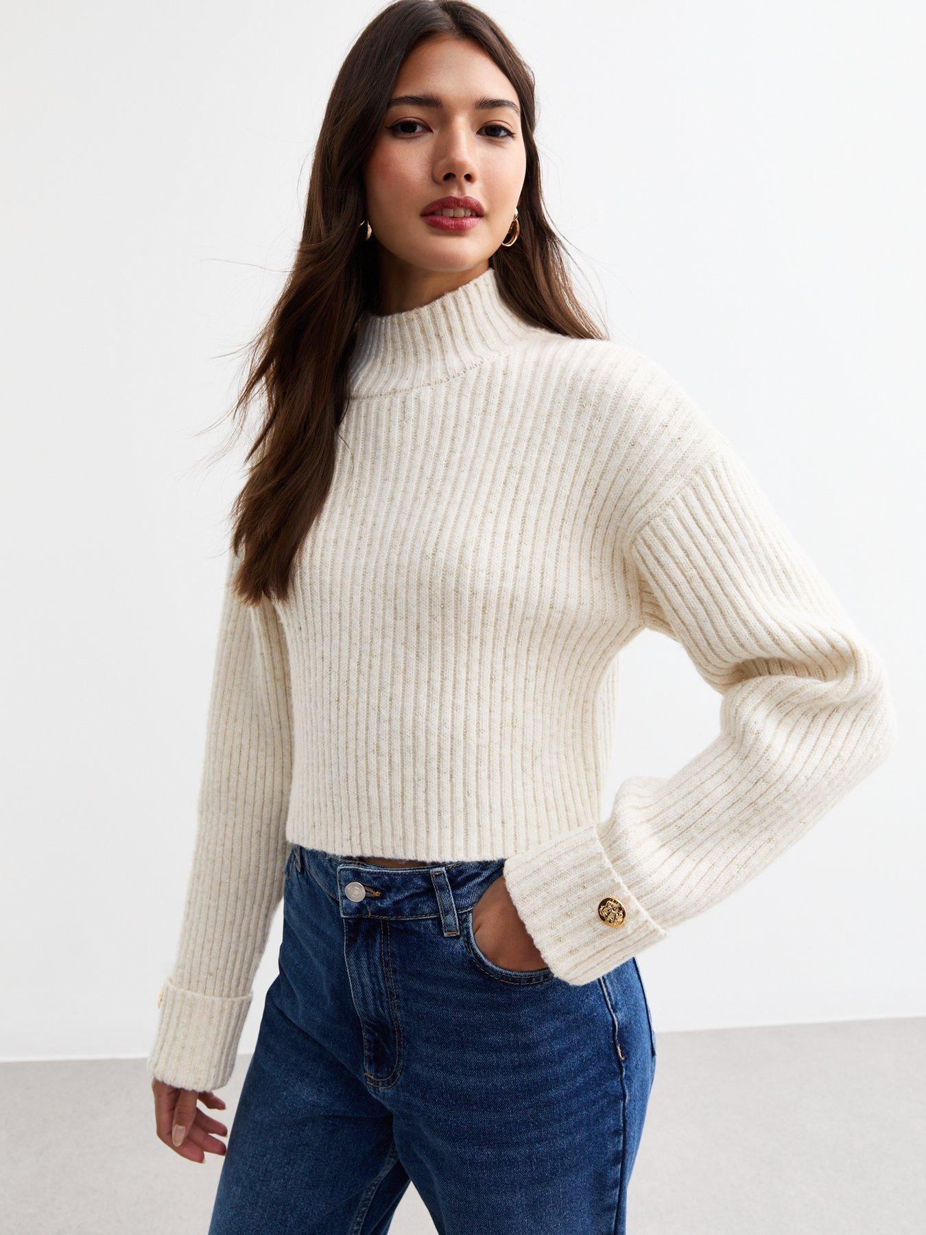 undefined Ribbed High Neck Jumper - Cream