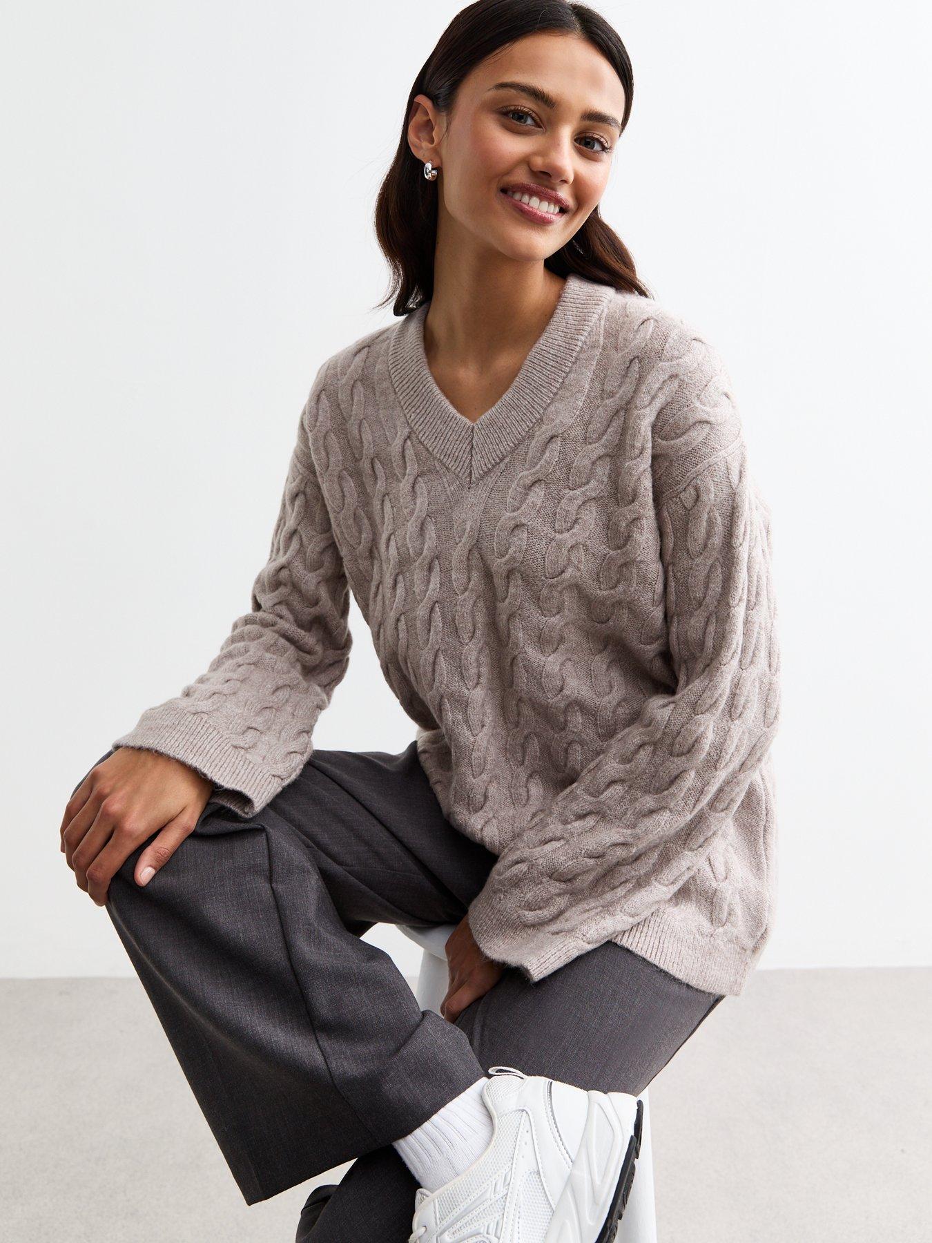 undefined V Neck Cable Knit Jumper - Brown