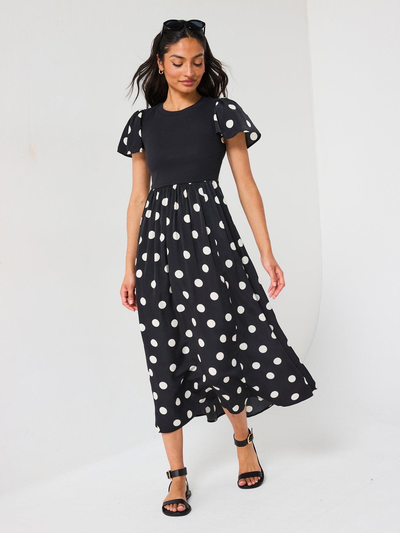V by Very Polka Dot Woven Mix Midi Dress Black Very