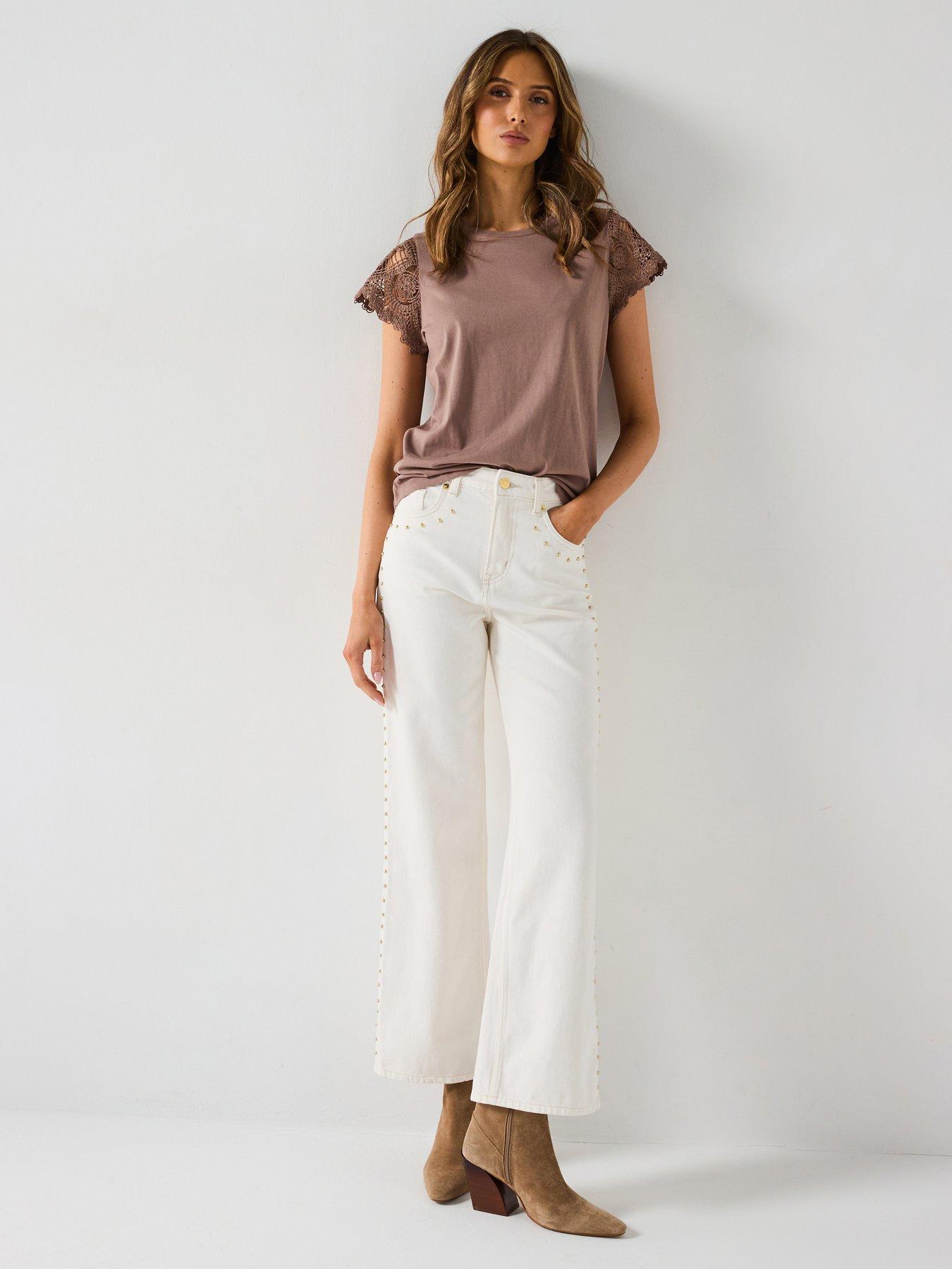 undefined Crochet Sleeve T-Shirt - Taupe