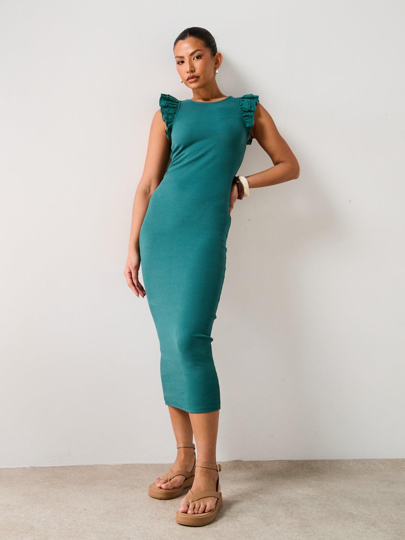 undefined Frill Sleeve Ribbed Midaxi Dress
