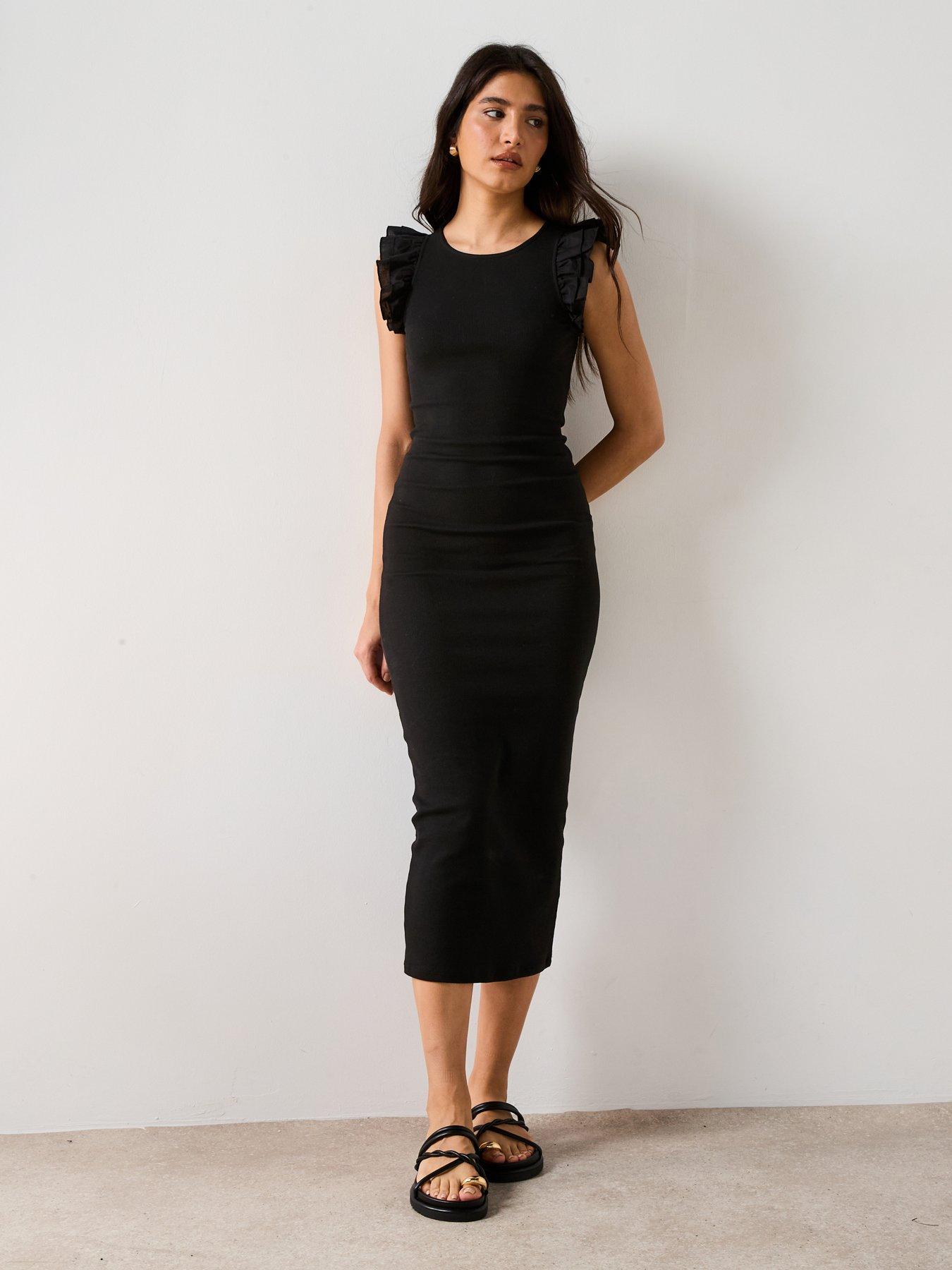 undefined Frill Sleeve Ribbed Midaxi Dress