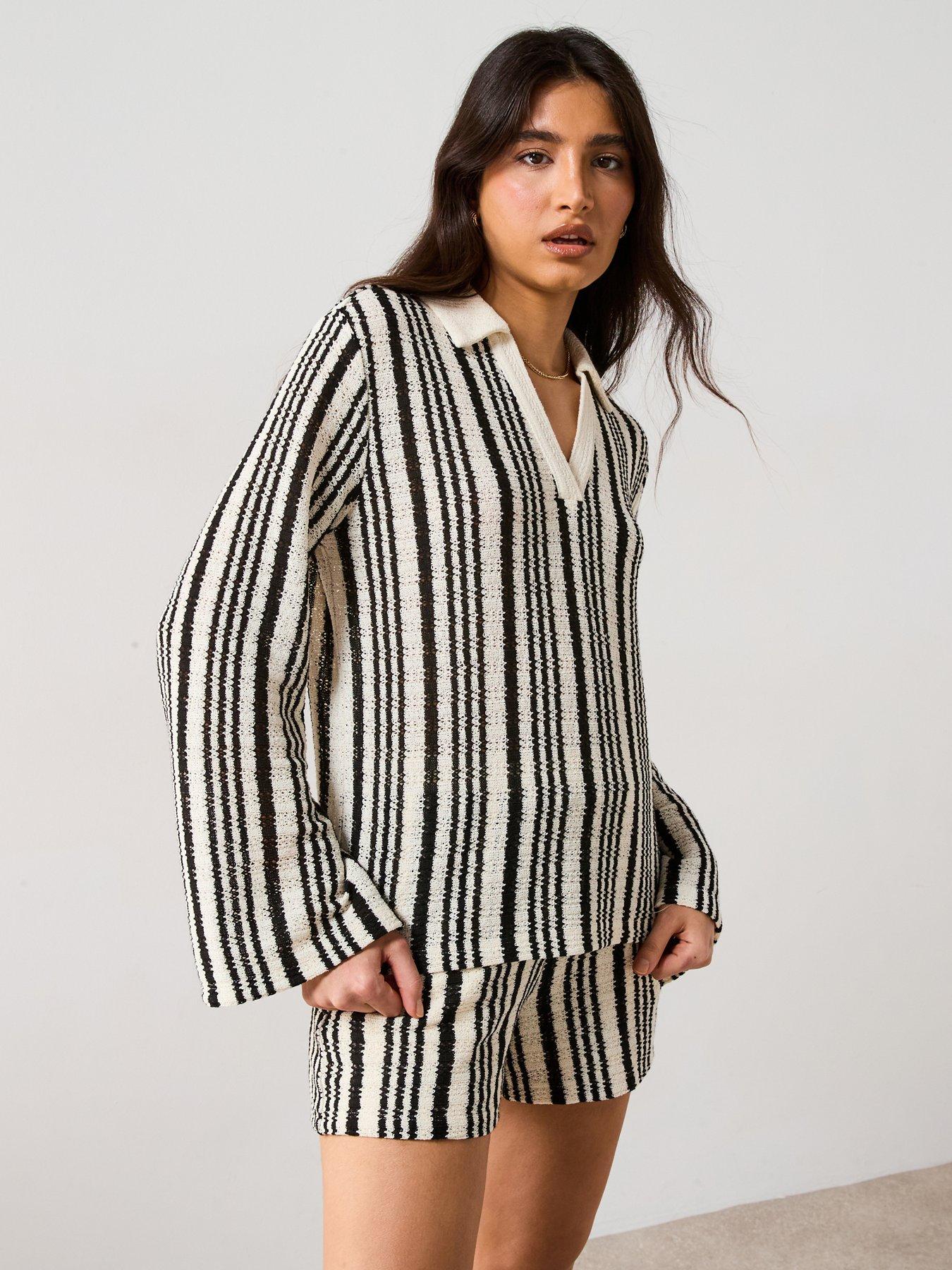 undefined Knit Stripe Long Sleeve Co-Ord Top - Monochrome