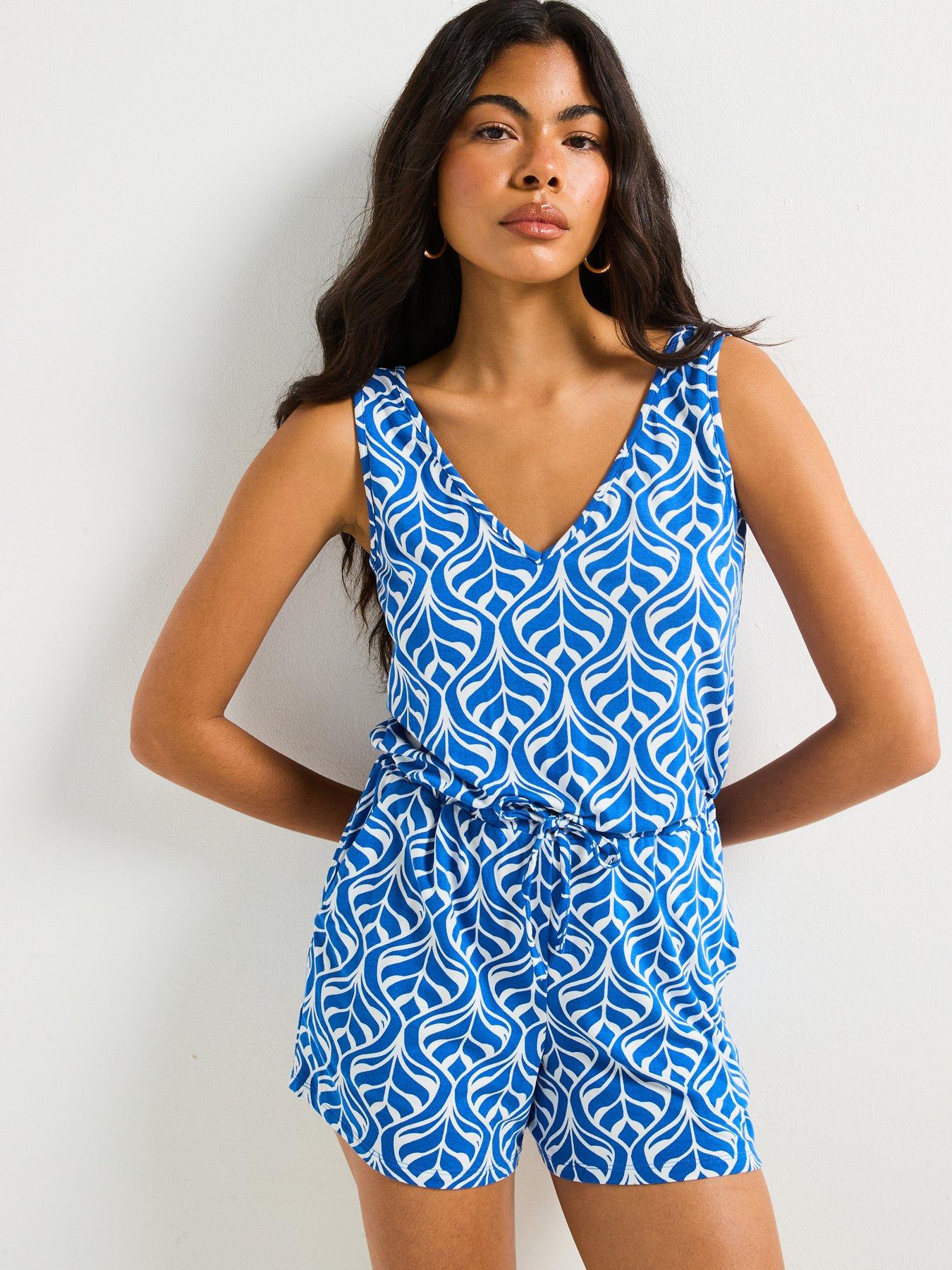 undefined V Neck Playsuit - Blue Leaf