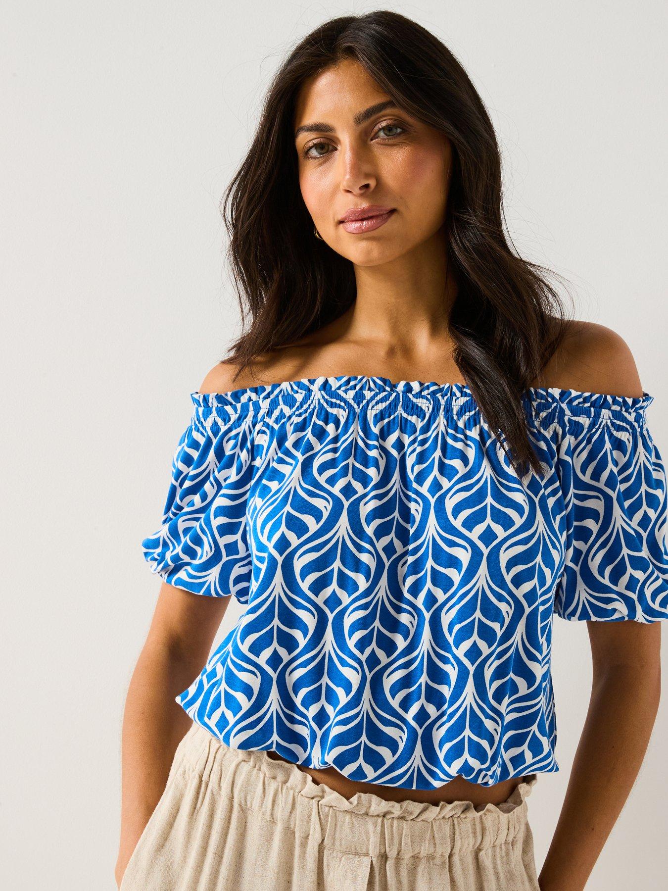 Everyday Bardot Shirred Waist Top - Blue Leaf