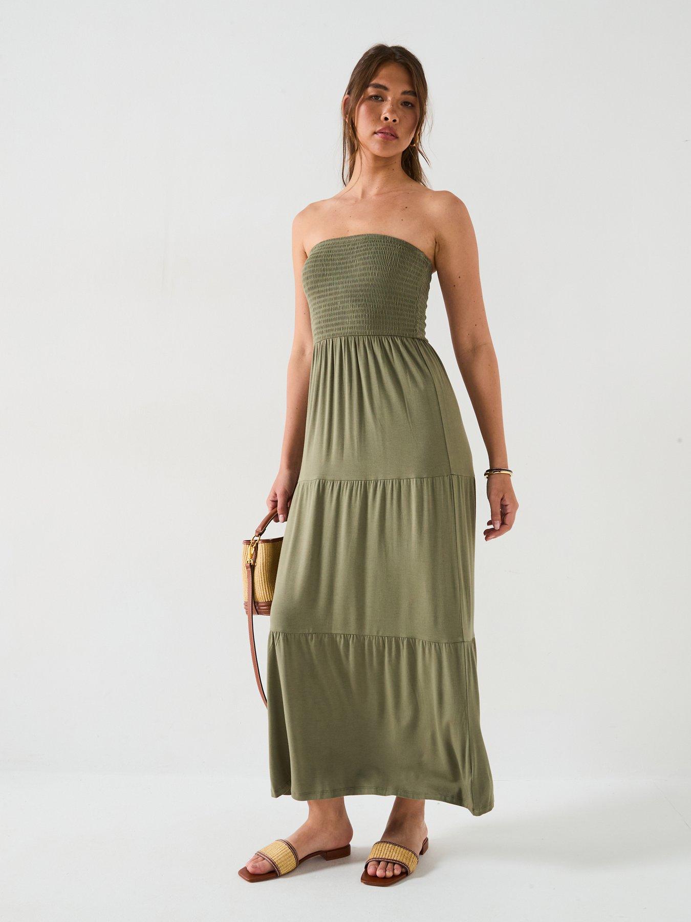 undefined Shirred Bandeau Tiered Maxi Dress - Khaki