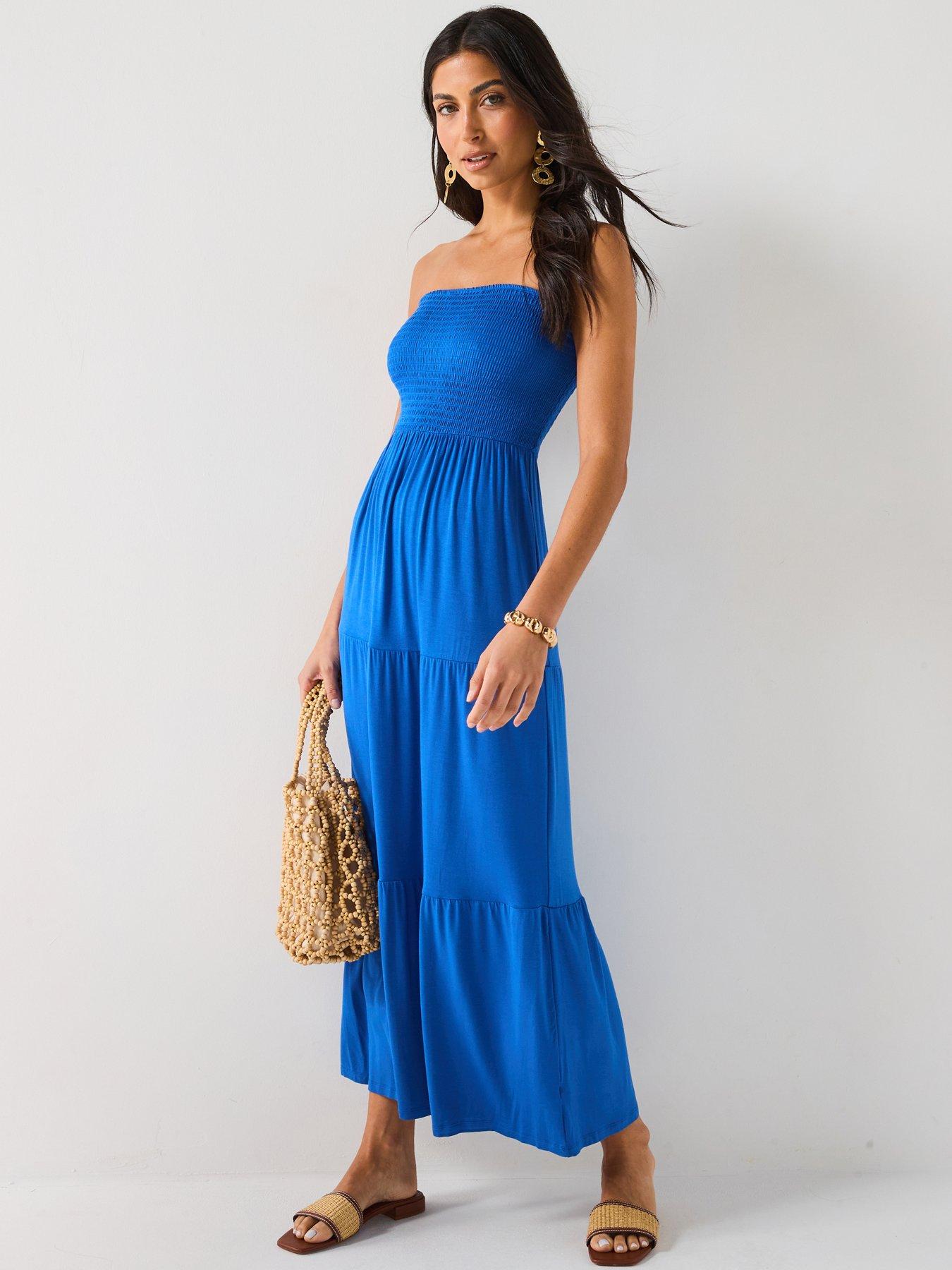 undefined Shirred Bandeau Tiered Maxi Dress