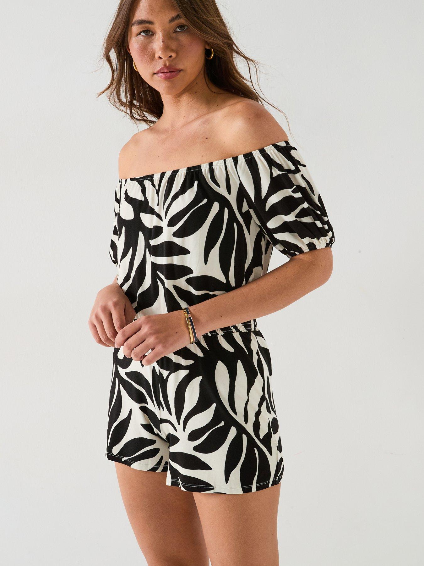 Image 1 of 6 of Everyday Bardot Playsuit - Mono Palm Print