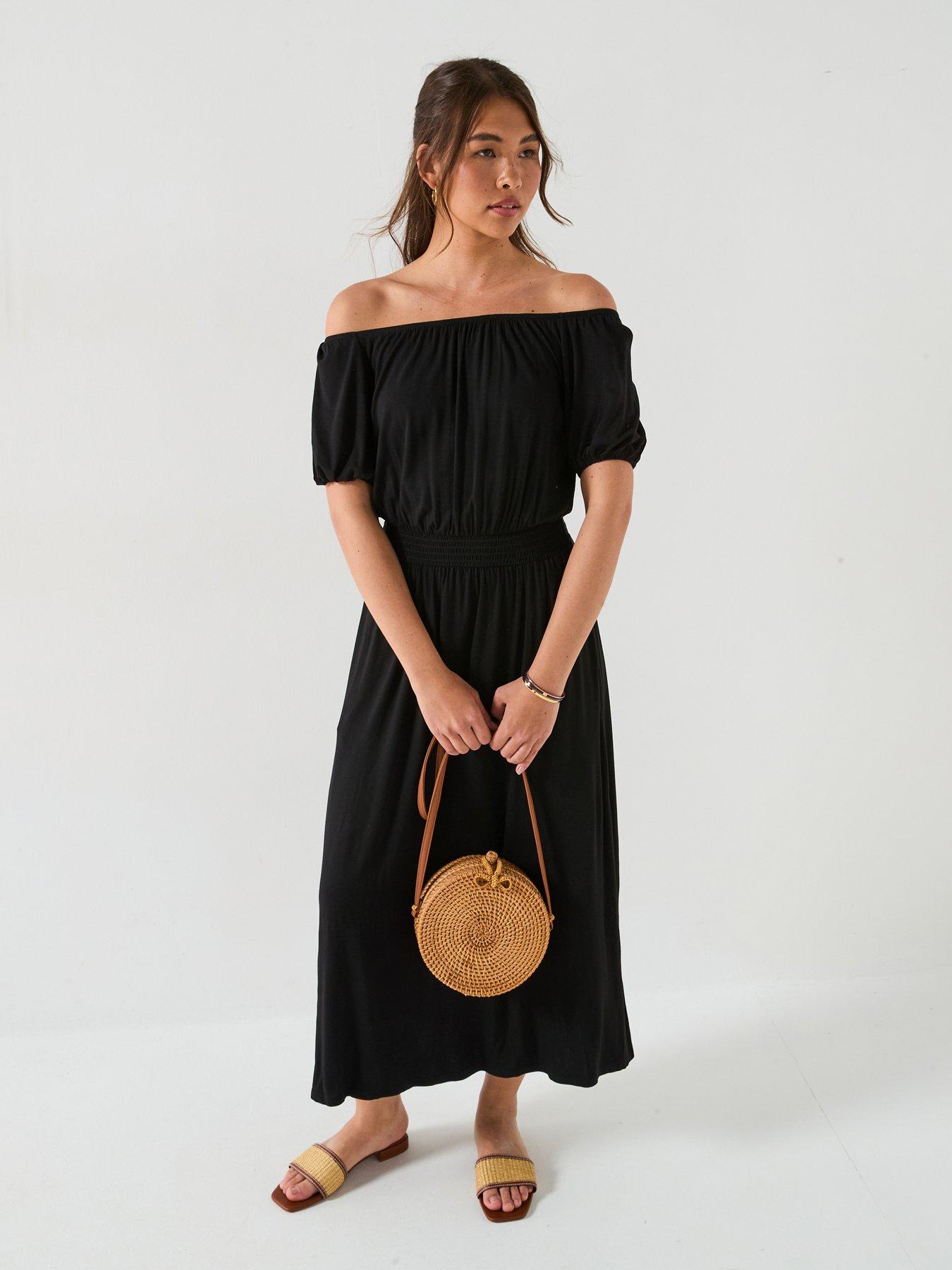 undefined Bardot Tiered Midaxi Dress - Black