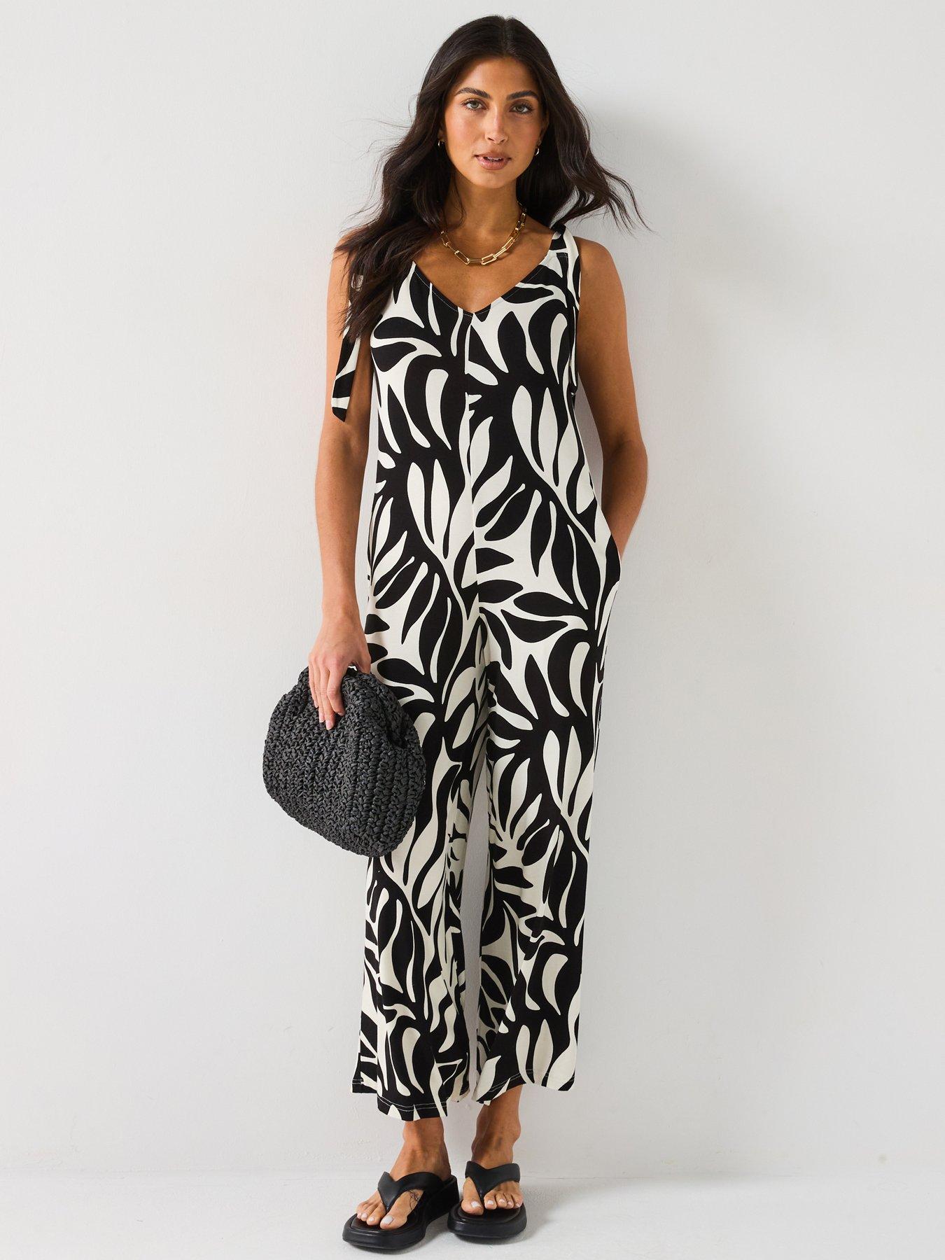 Everyday Tie Shoulder Jumpsuit - Mono Palm Print
