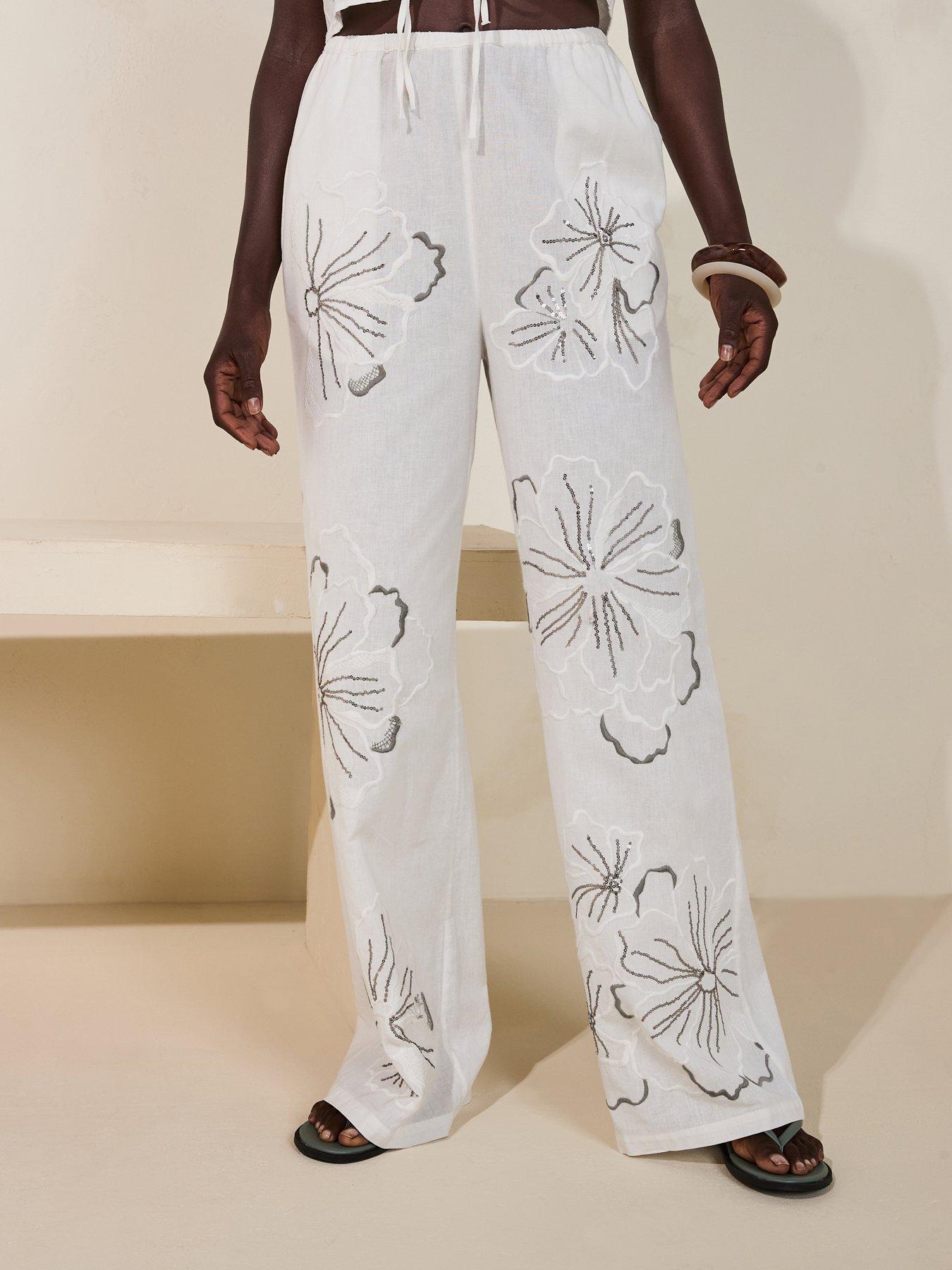 V by Very: Embroidered Wide Leg Trouser Co-Ord - White