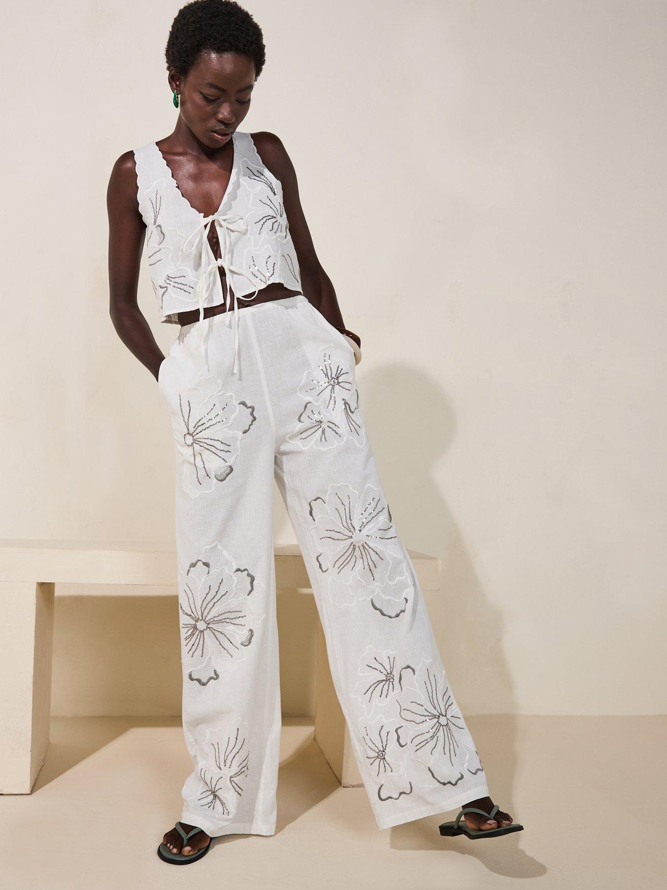 Image 3 of 5 of V by Very Embroidered Wide Leg Trouser Co-Ord - White
