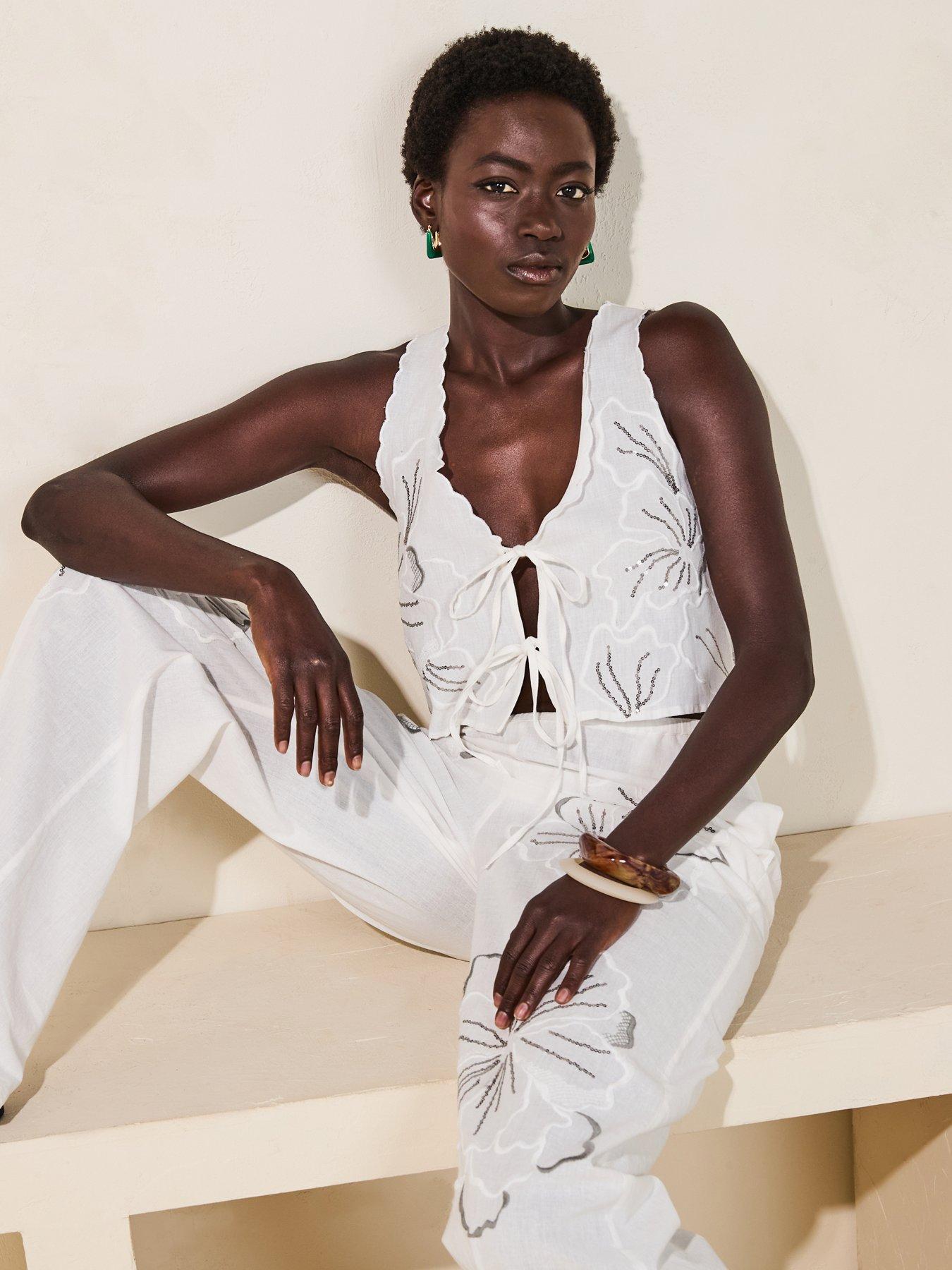 Image 4 of 5 of V by Very Embroidered Wide Leg Trouser Co-Ord - White