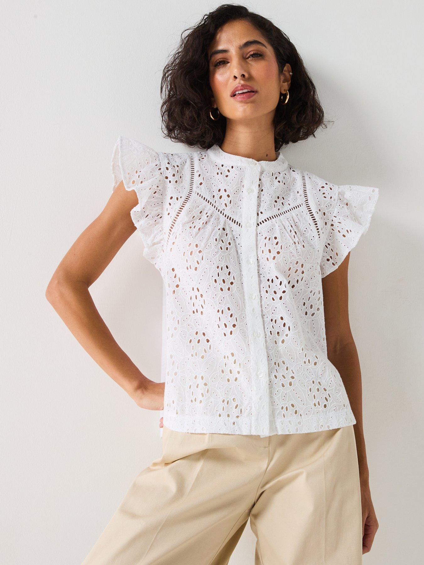 undefined Broderie Front Button Up Top - White