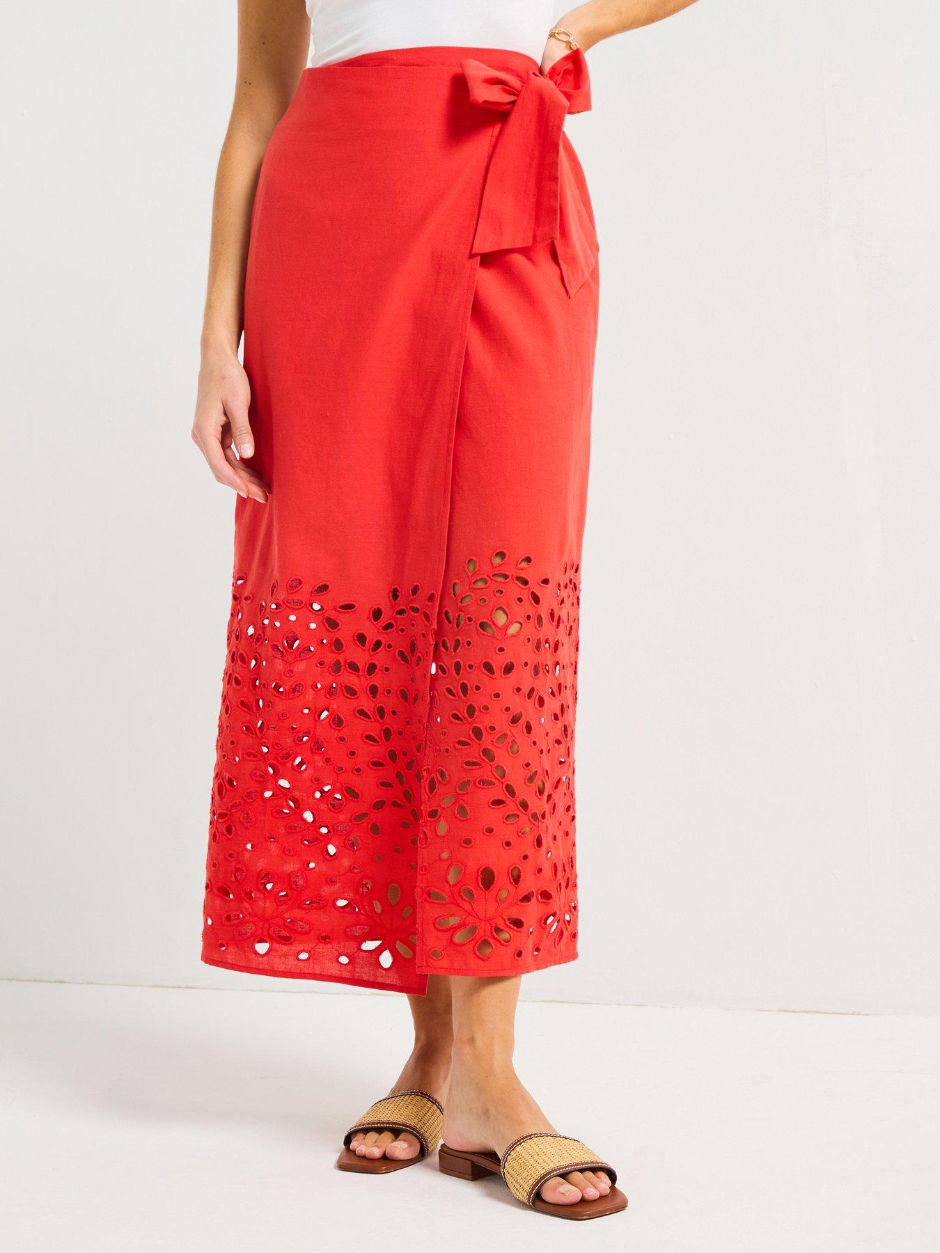 undefined Broderie Tie Side Midi Skirt - Red