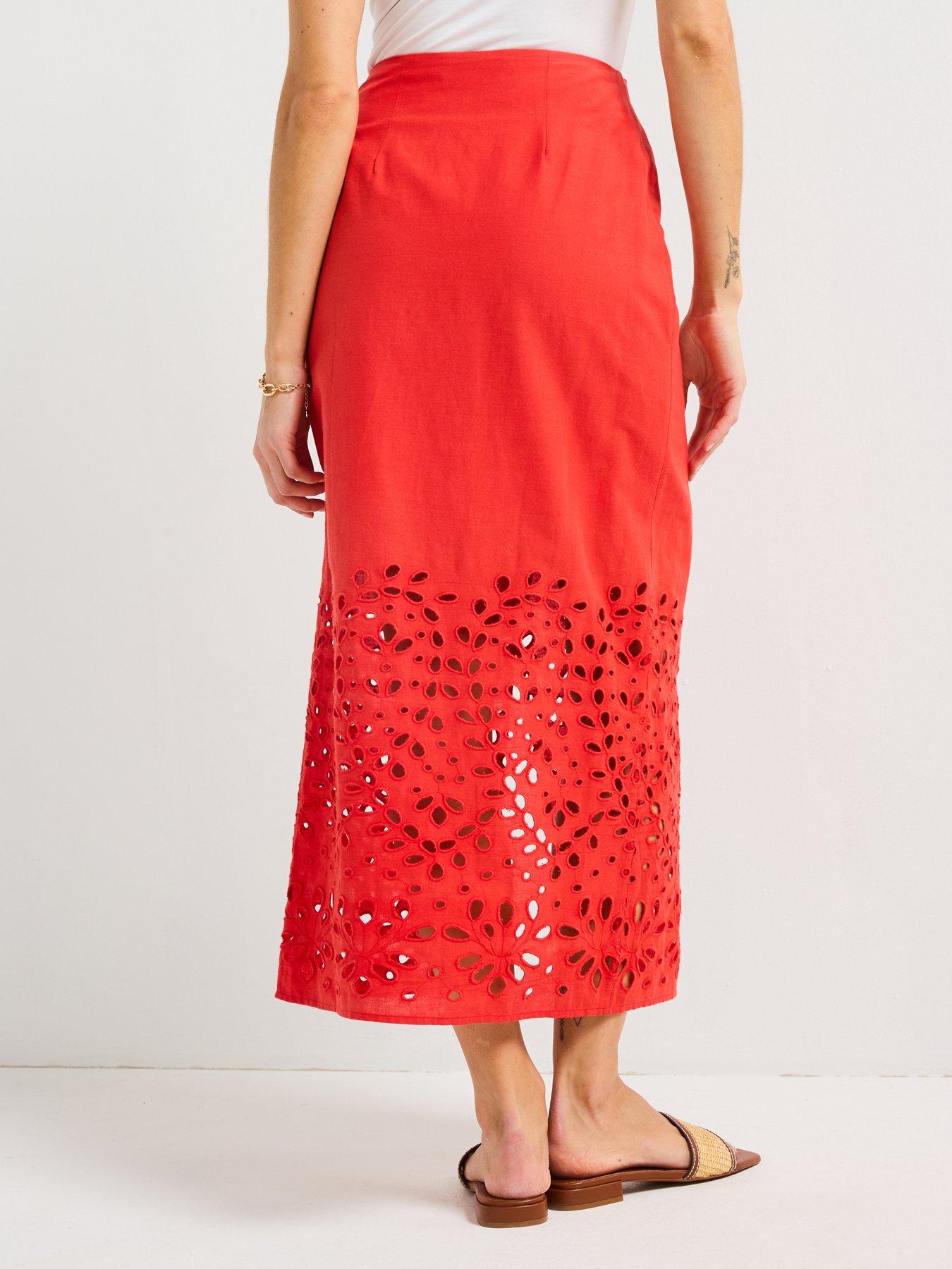 Image 2 of 6 of V by Very Broderie Tie Side Midi Skirt - Red