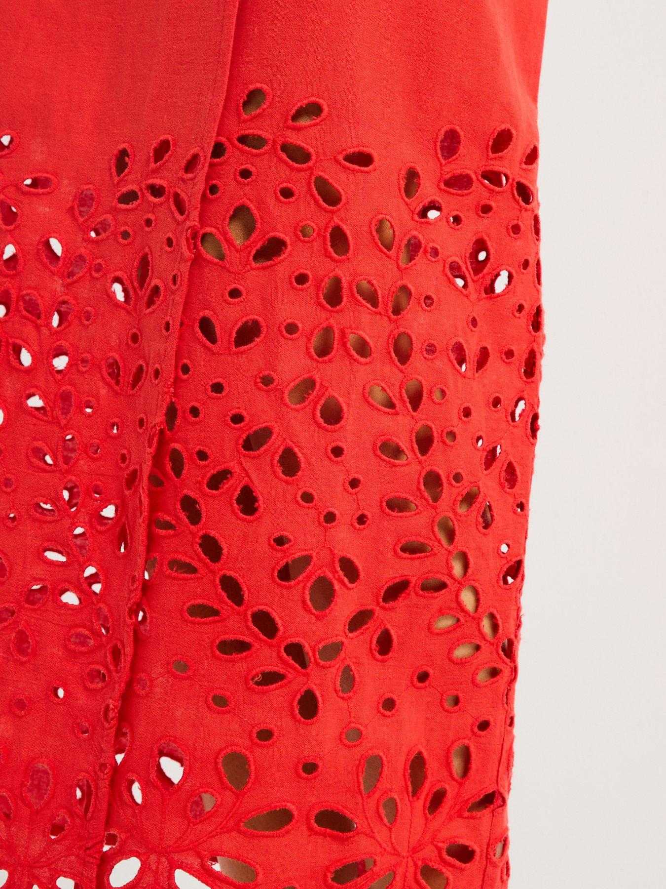 Image 4 of 6 of V by Very Broderie Tie Side Midi Skirt - Red
