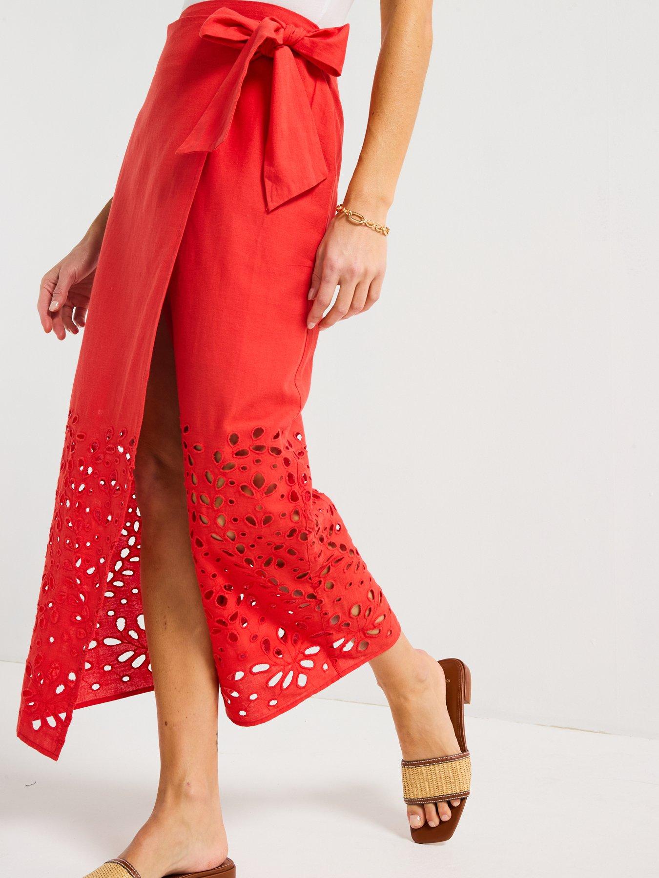 Image 5 of 6 of V by Very Broderie Tie Side Midi Skirt - Red