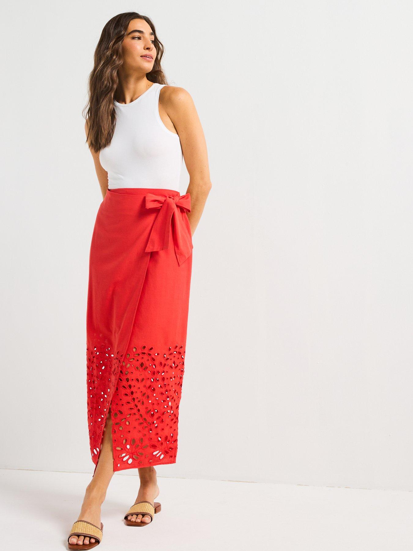 Image 6 of 6 of V by Very Broderie Tie Side Midi Skirt - Red