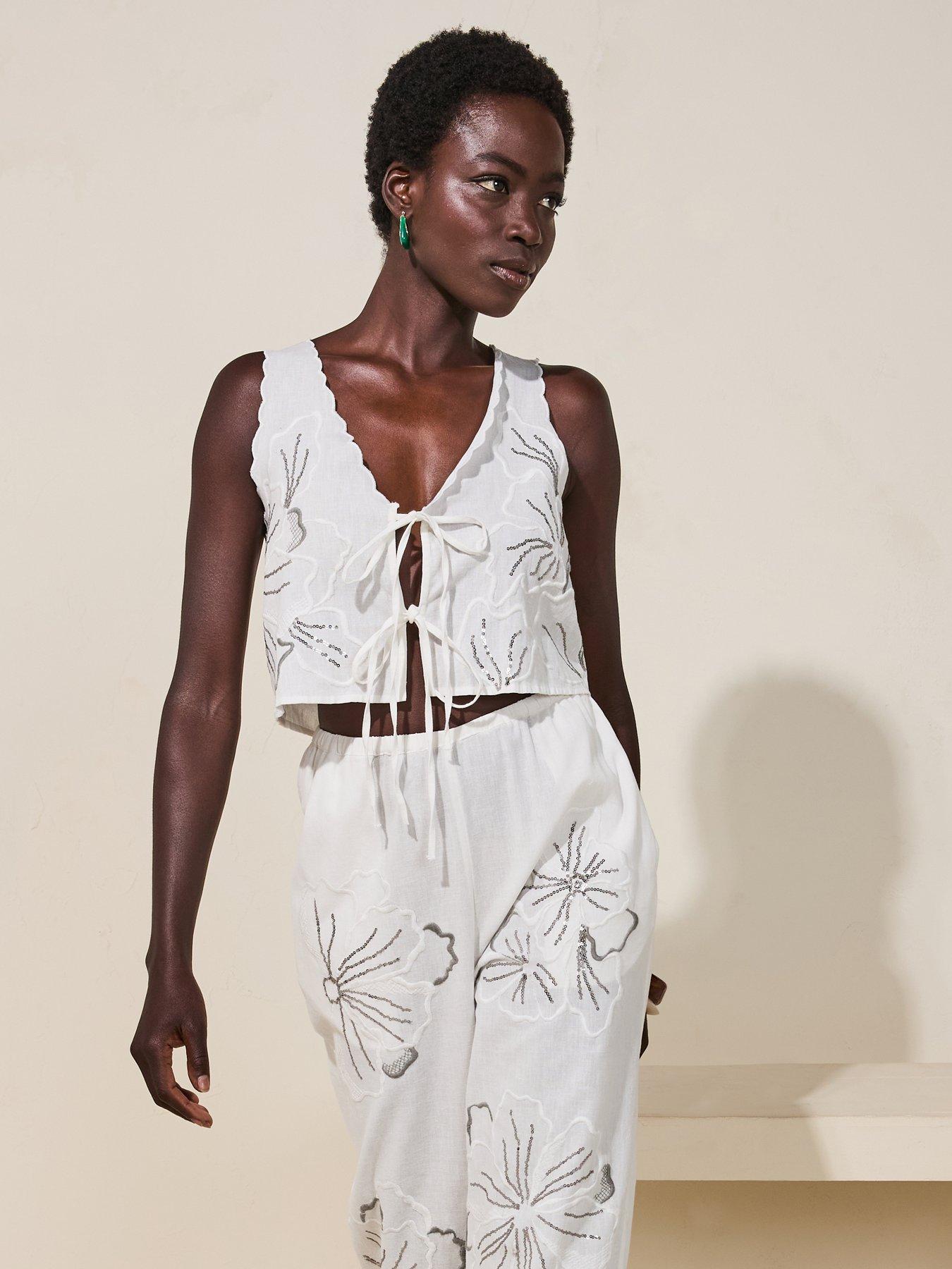  image of v-by-very-embroidered-tie-front-co-ord-white
