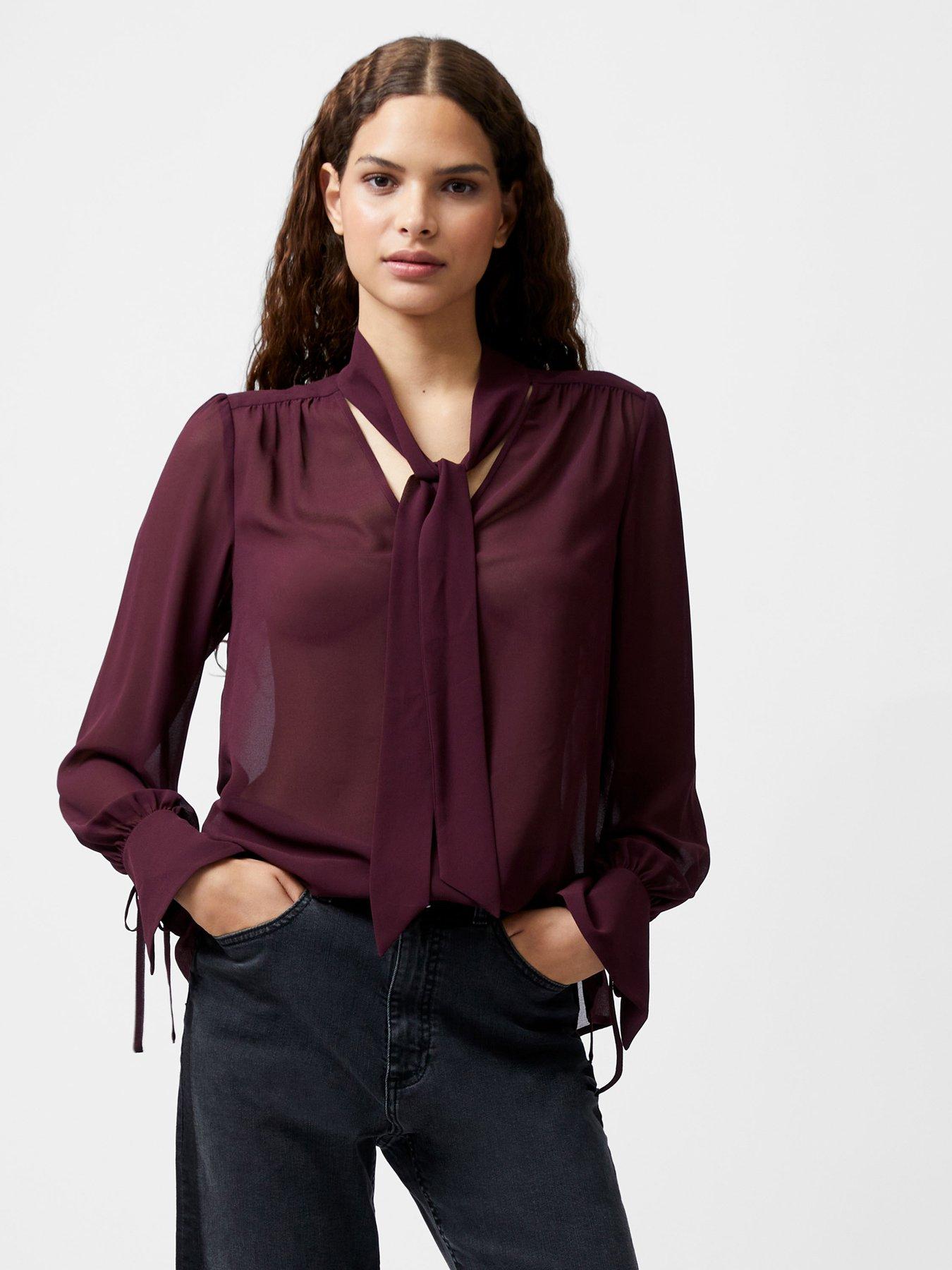 undefined Tie V-neck Long Sleeve Flared Blouse - Red