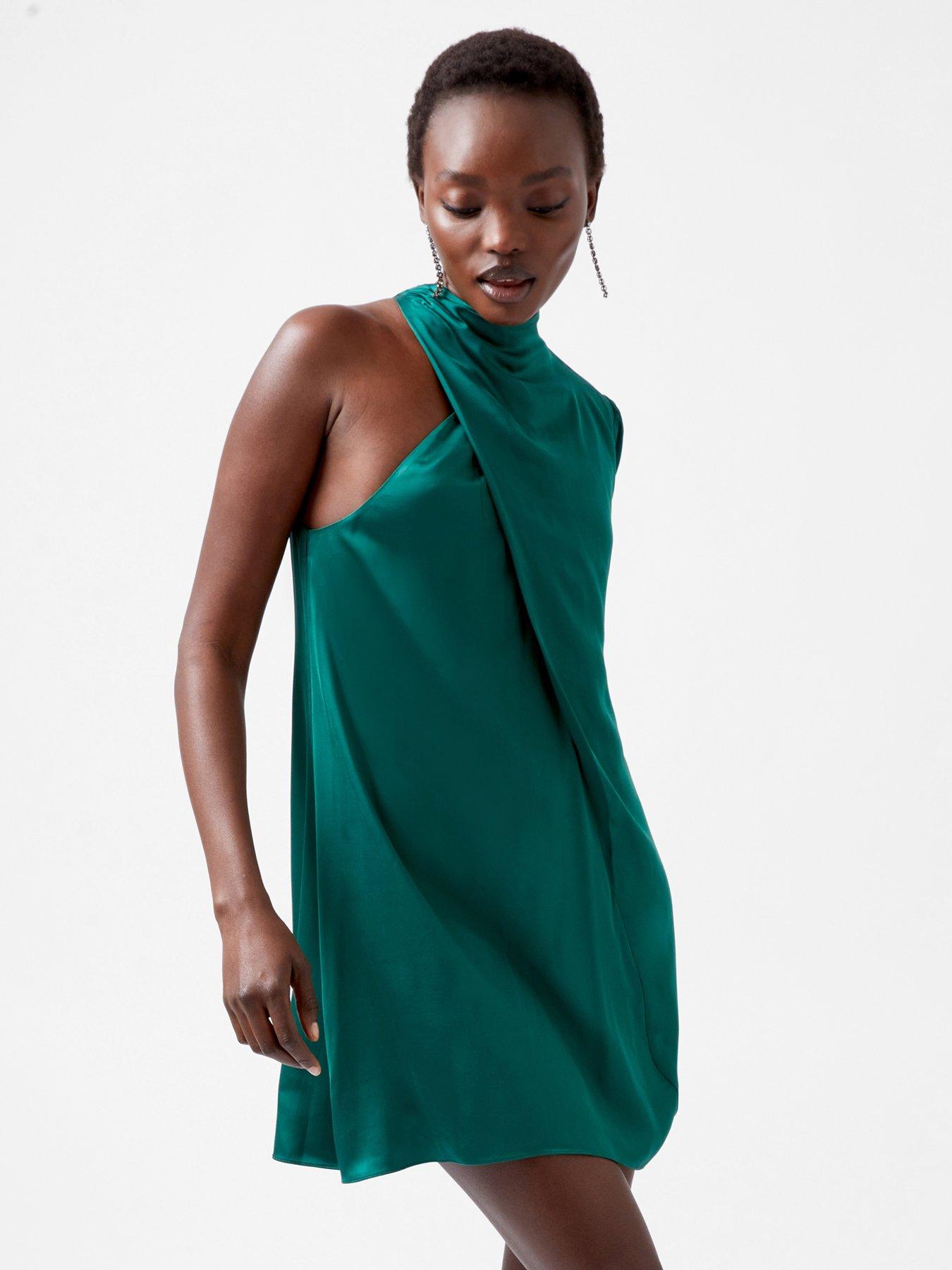 French Connection Satin Asymmetric Long Sleeve Mini Dress - Green | Very