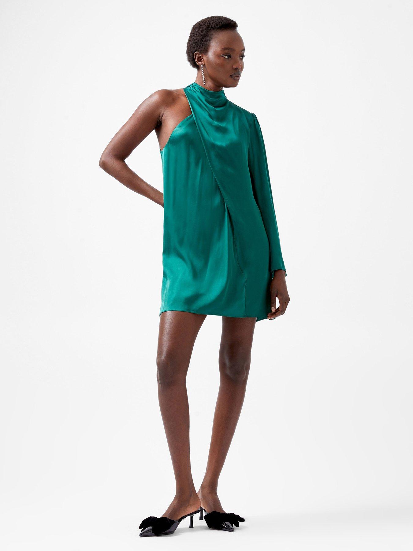 French Connection Satin Asymmetric Long Sleeve Mini Dress - Green | Very