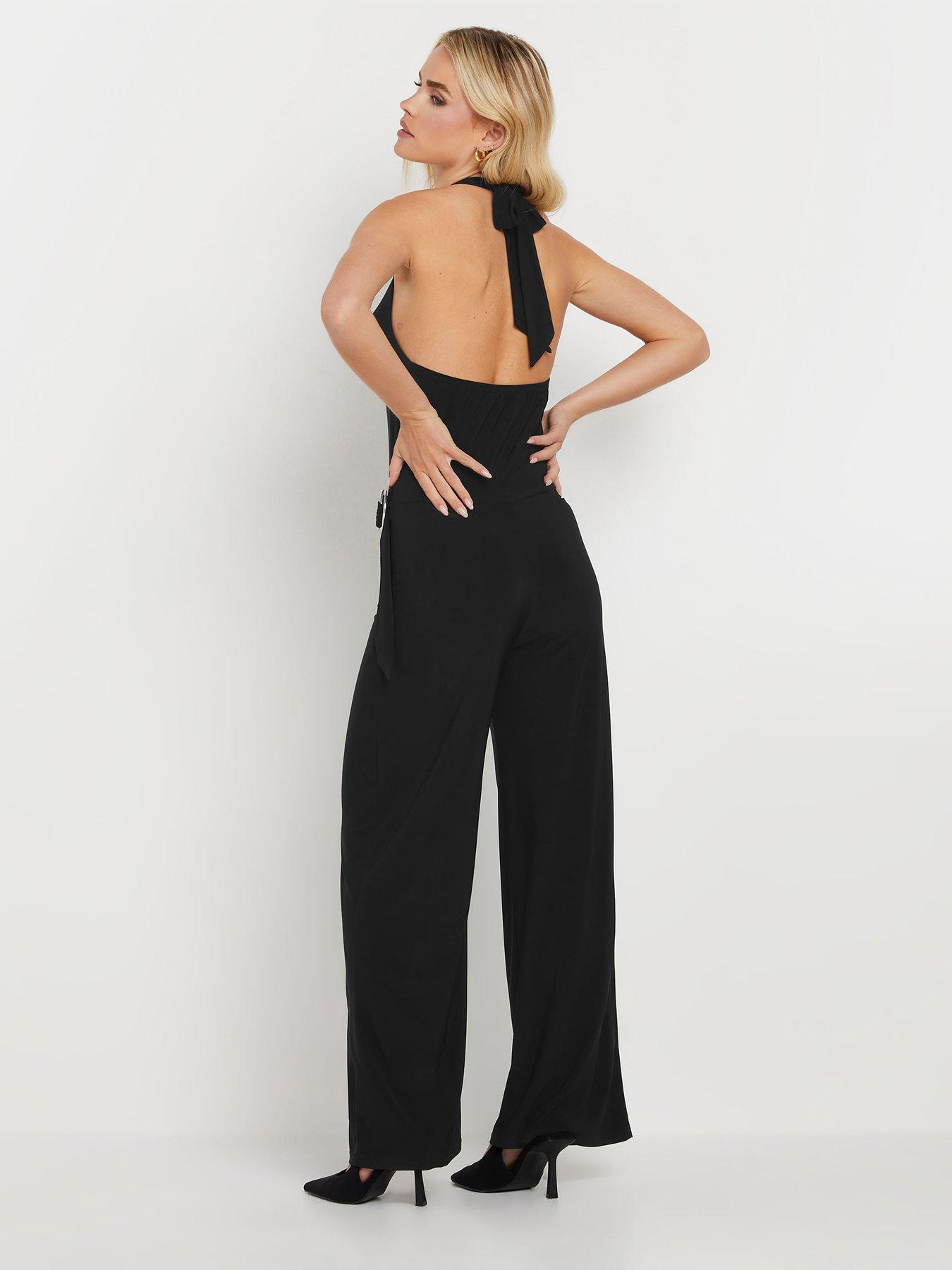 Petite Halter Neck Belted Wide Leg Jumpsuit Black