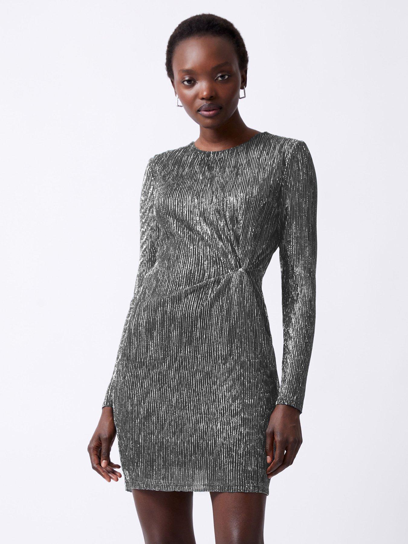 Image 1 of 5 of French Connection Sparkle Lurex Fitted Long Sleeve Mini Dress - Silver