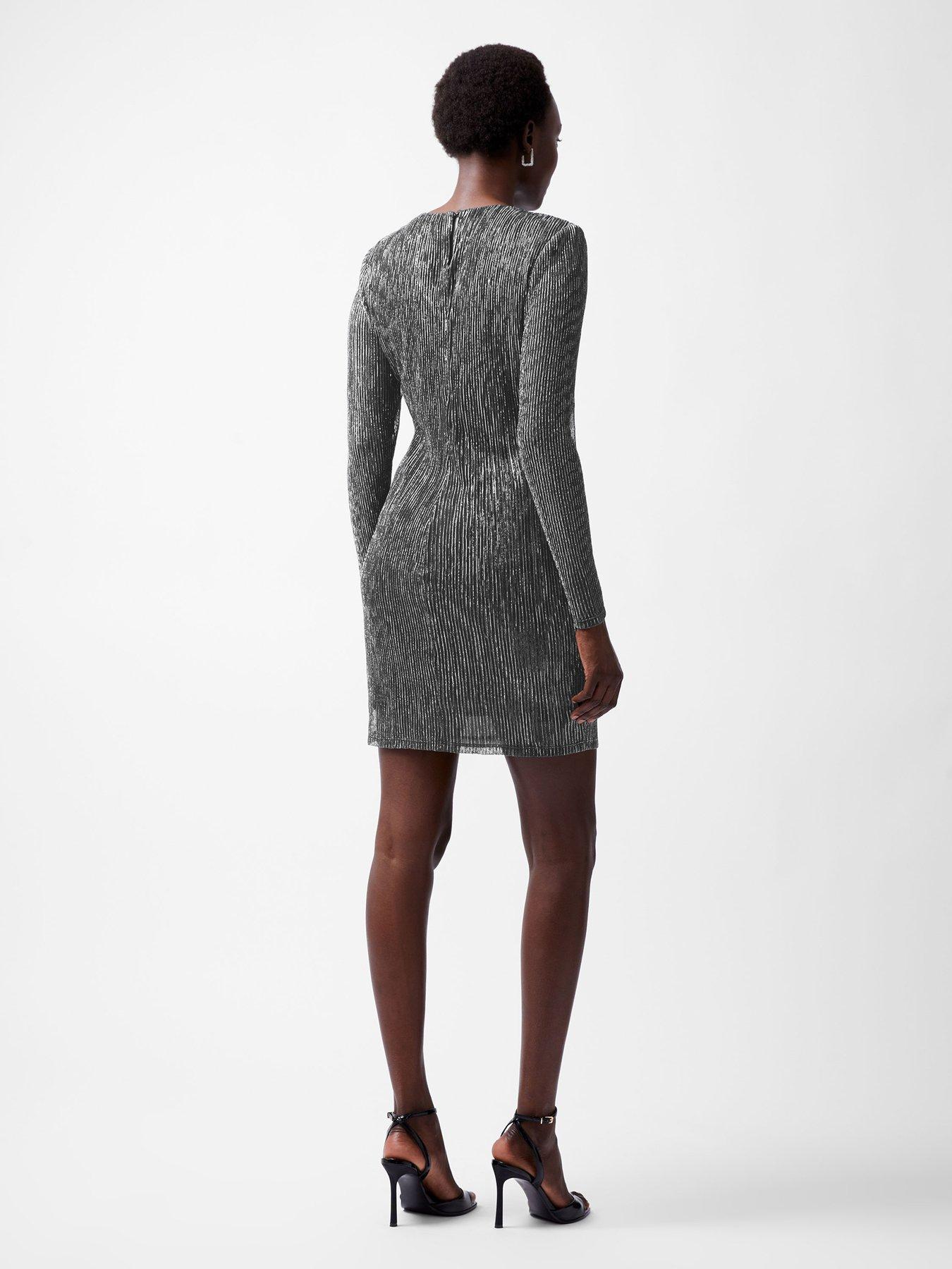 Image 2 of 5 of French Connection Sparkle Lurex Fitted Long Sleeve Mini Dress - Silver