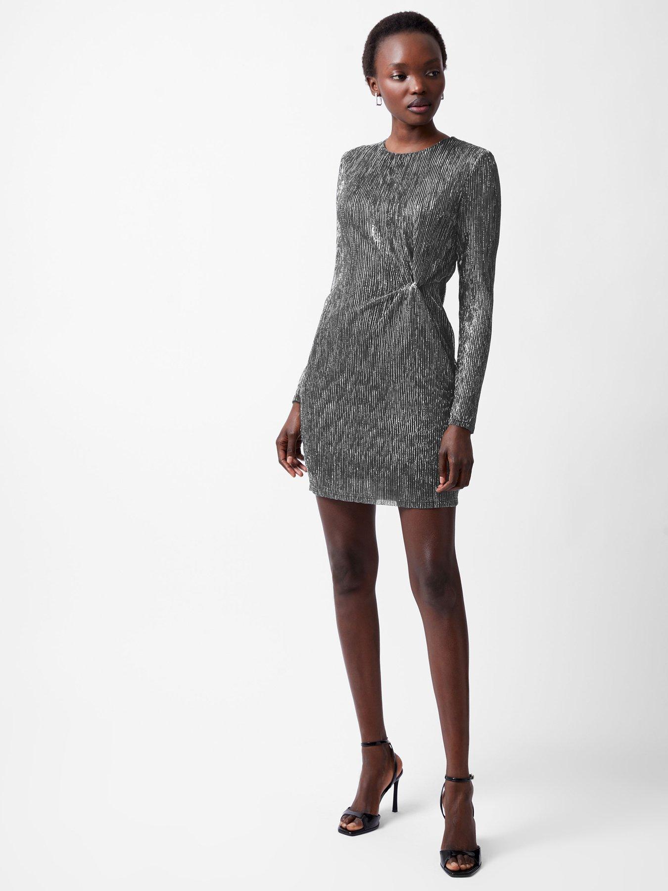 Image 3 of 5 of French Connection Sparkle Lurex Fitted Long Sleeve Mini Dress - Silver