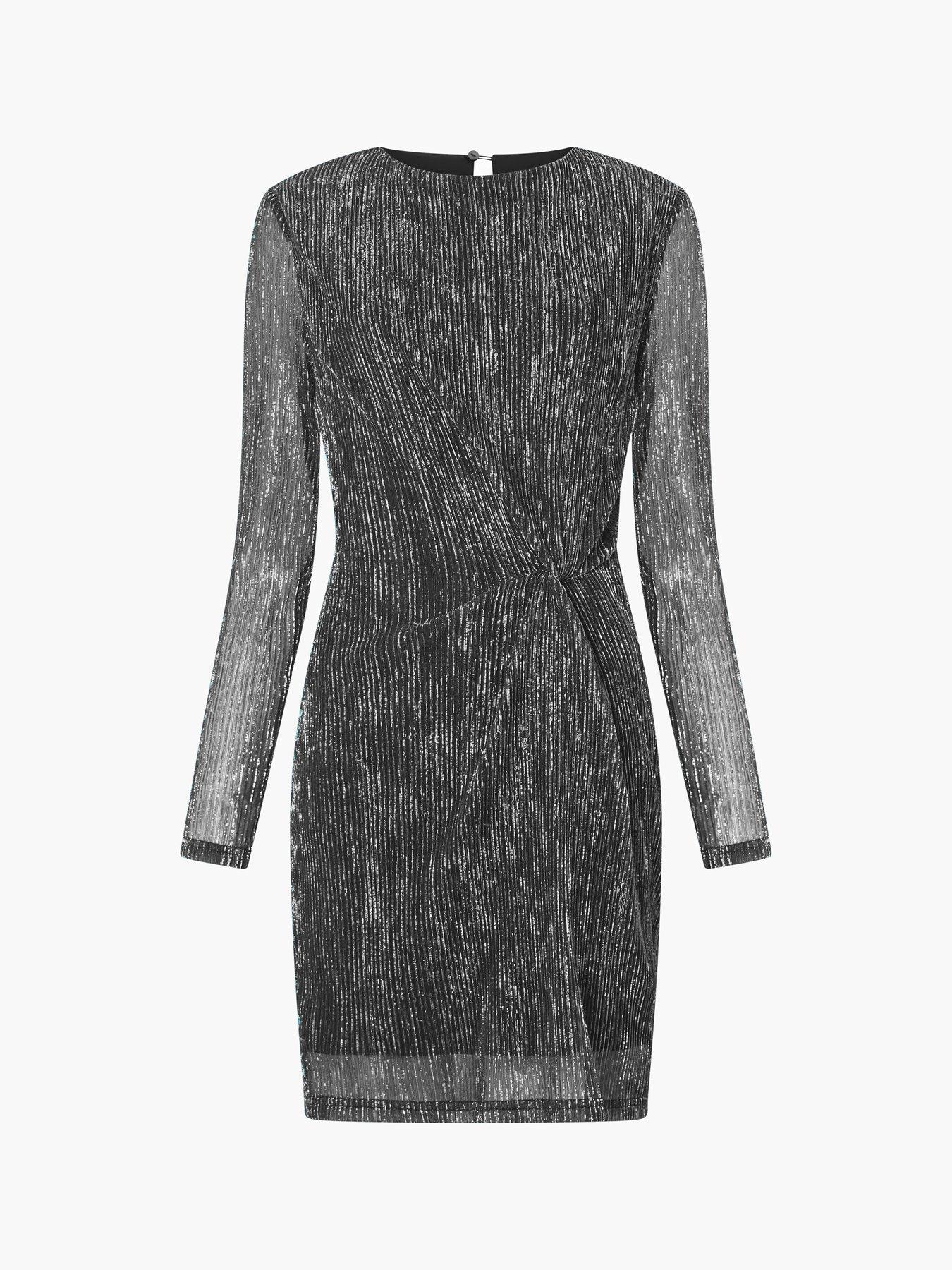 Image 5 of 5 of French Connection Sparkle Lurex Fitted Long Sleeve Mini Dress - Silver