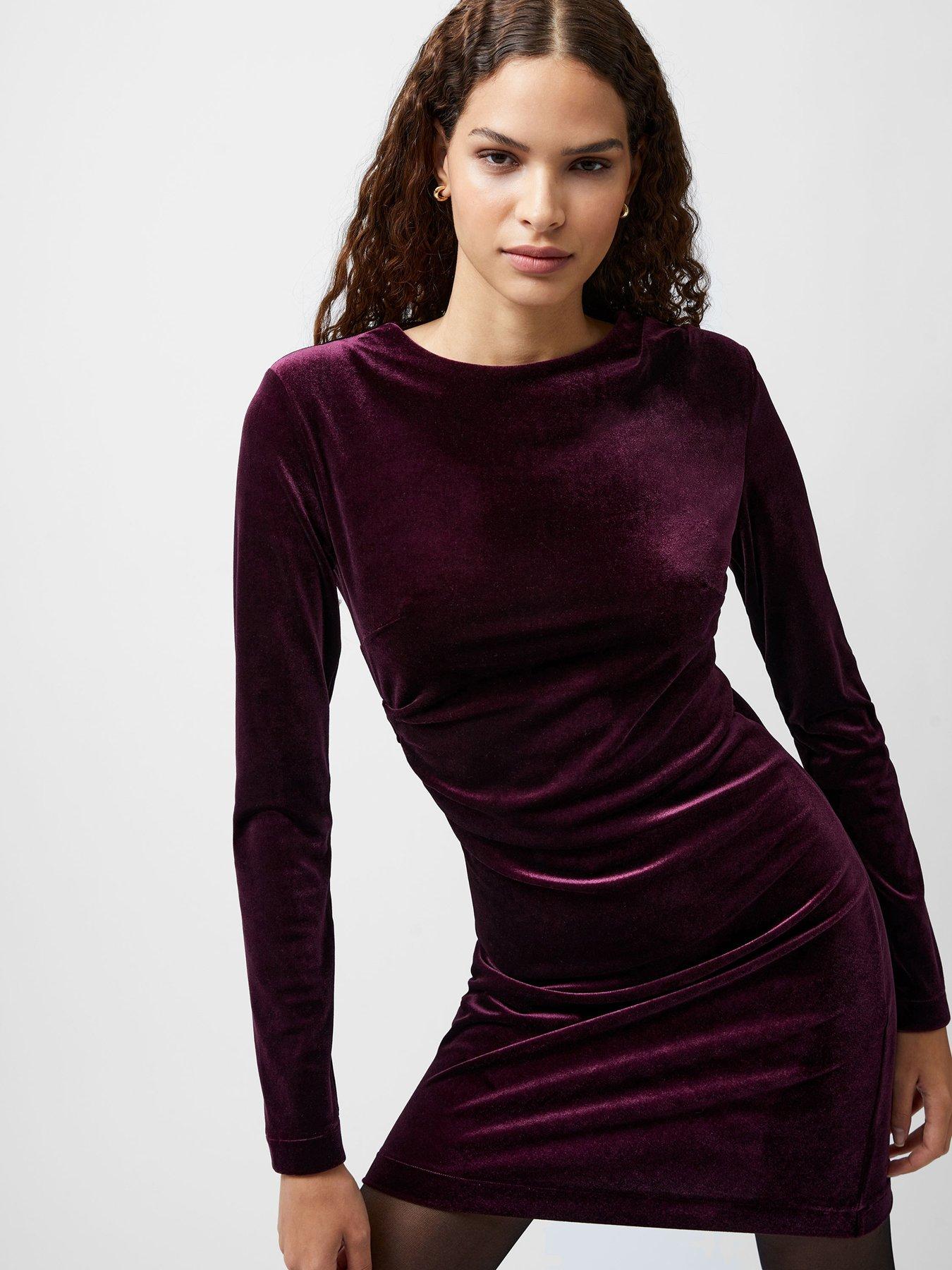 French Connection Velvet Long Sleeve Bodycon Dress With Padded Shoulders -  Red | Very