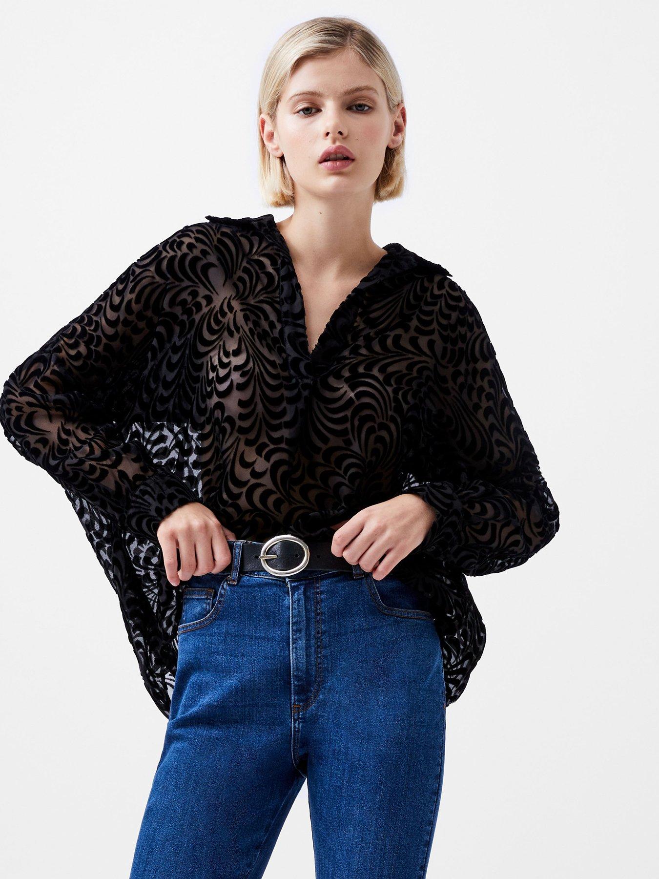 undefined Long Sleeve V-neck Patterned Shirt - Black