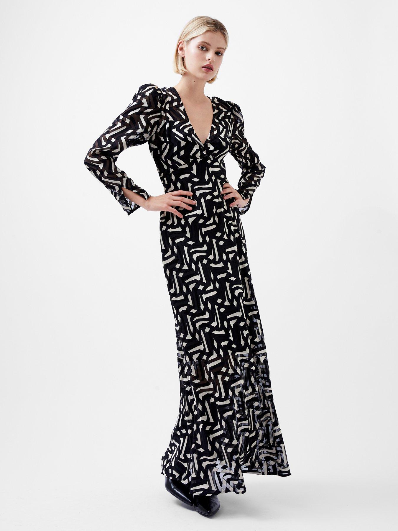 french-connection-long-sleeve-patterned-satin-maxi-dress-black