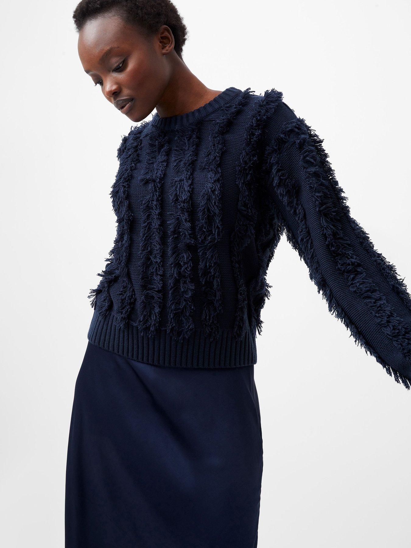undefined Long Sleeve Crew Neck Knit Jumper With Fringed Stripes - Blue
