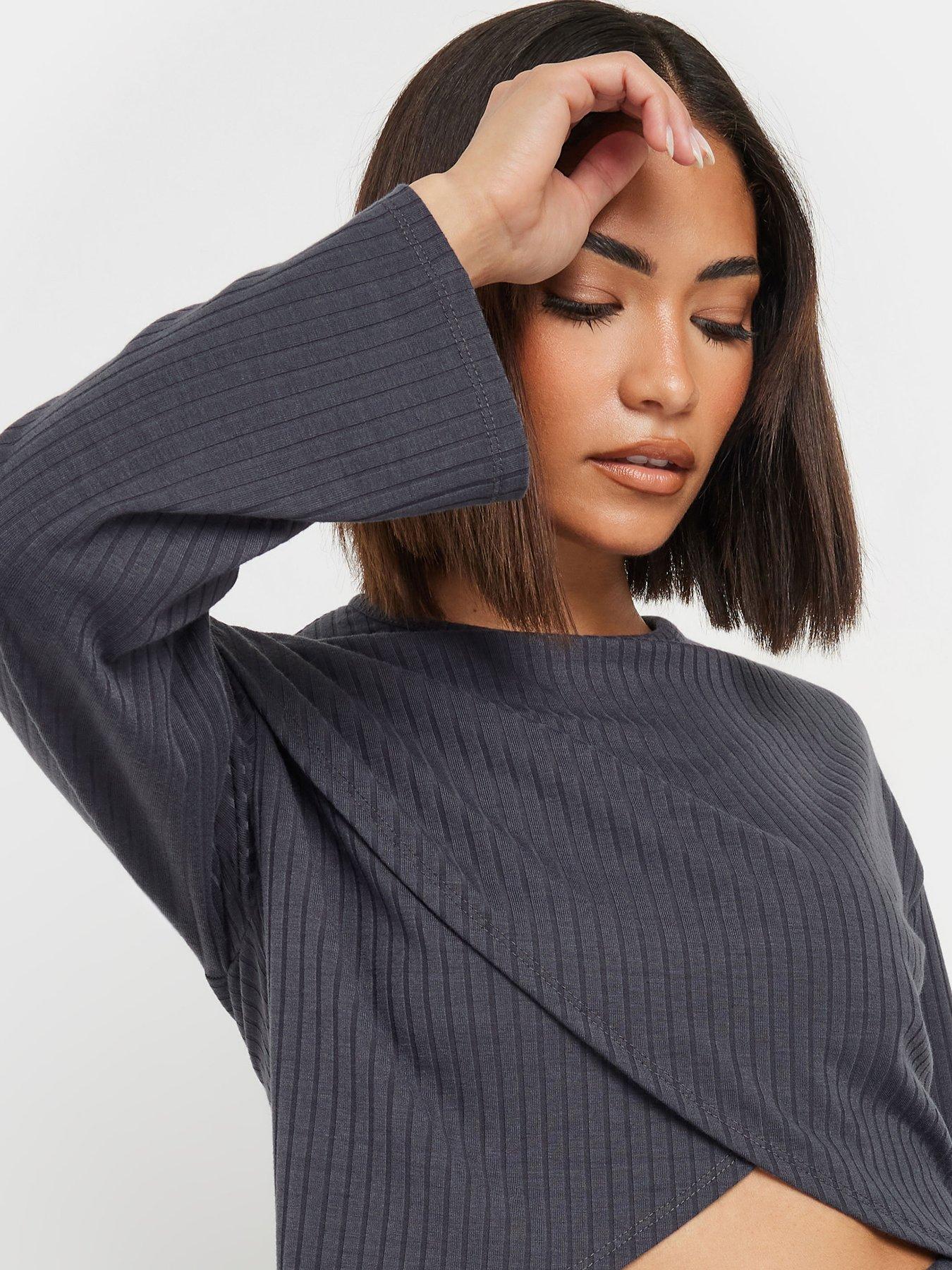 PixieGirl Petite Rib Cross Over Top - Grey | Very