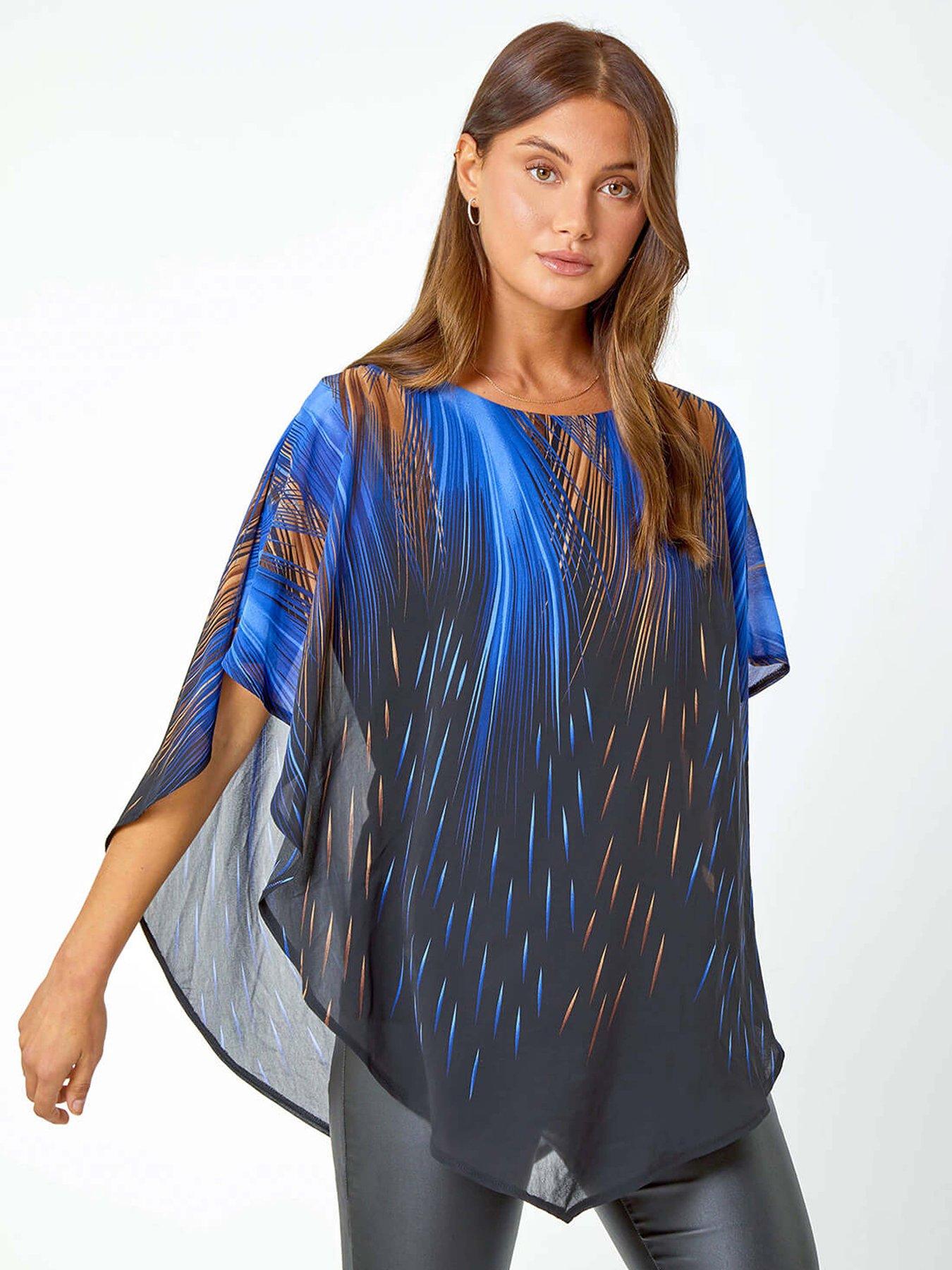Roman Abstract Stretch Chiffon Overlay Top - Blue